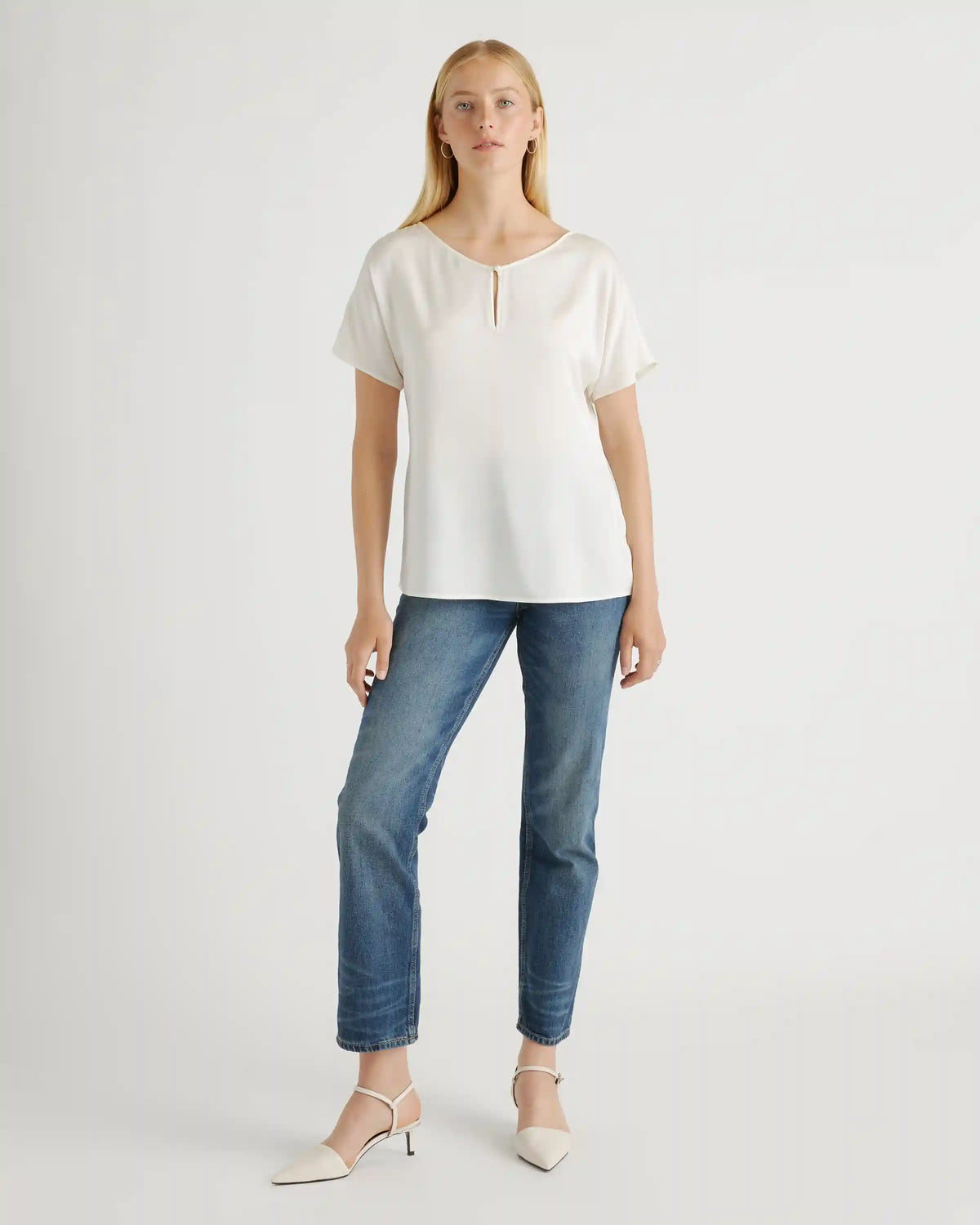 Washable Stretch Silk Reversible V-Neck Blouse