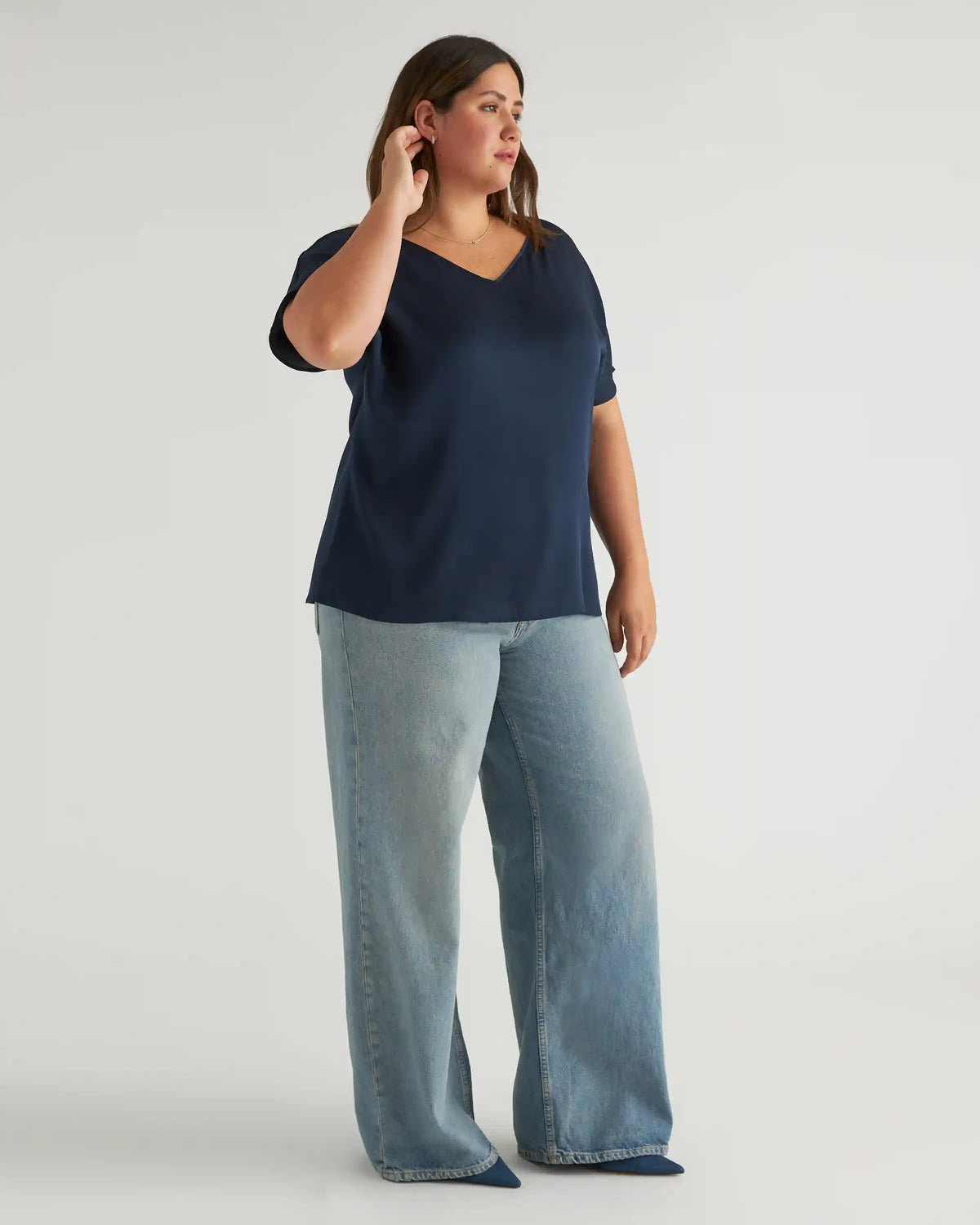 Washable Stretch Silk Reversible V-Neck Blouse