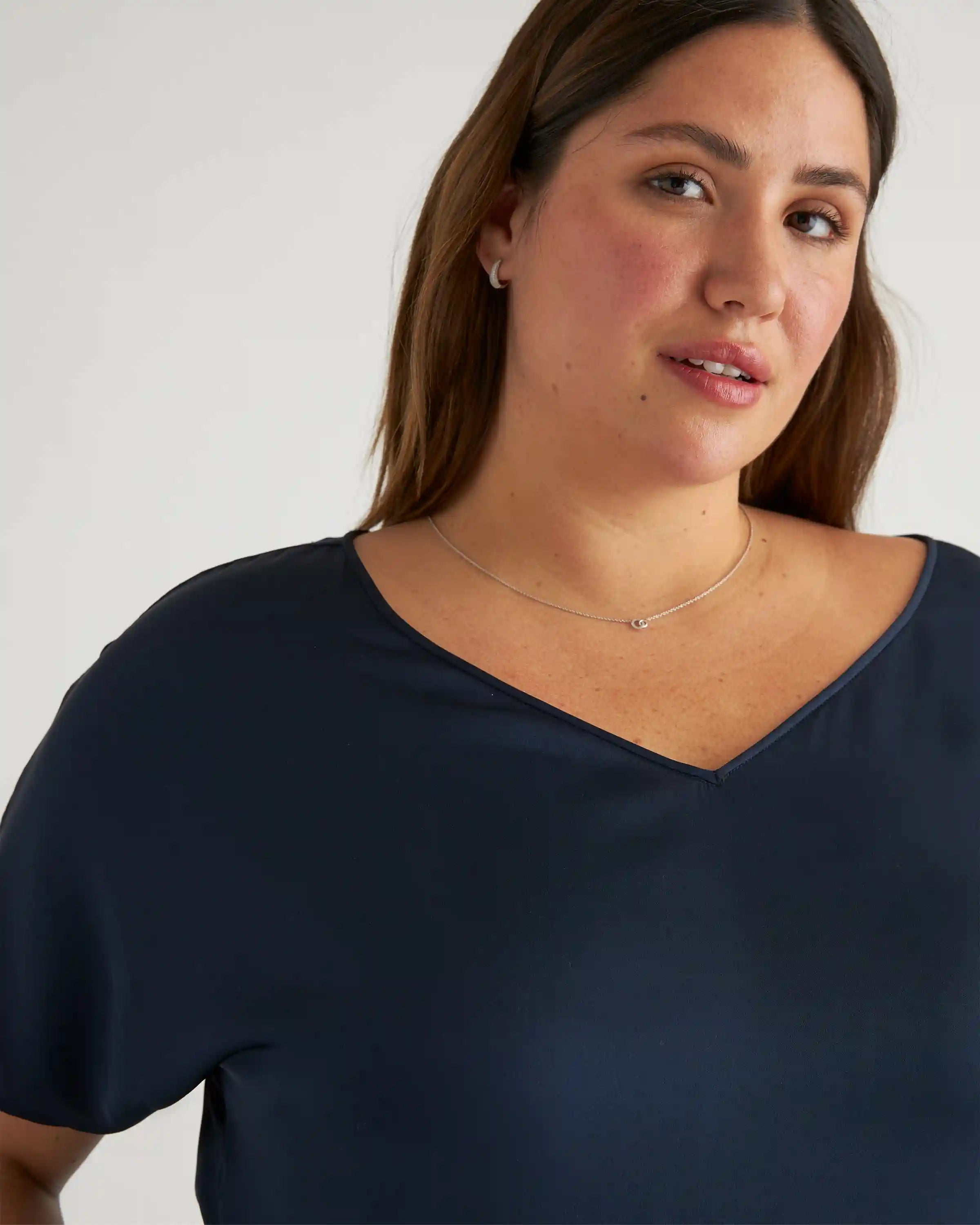 Washable Stretch Silk Reversible V-Neck Blouse