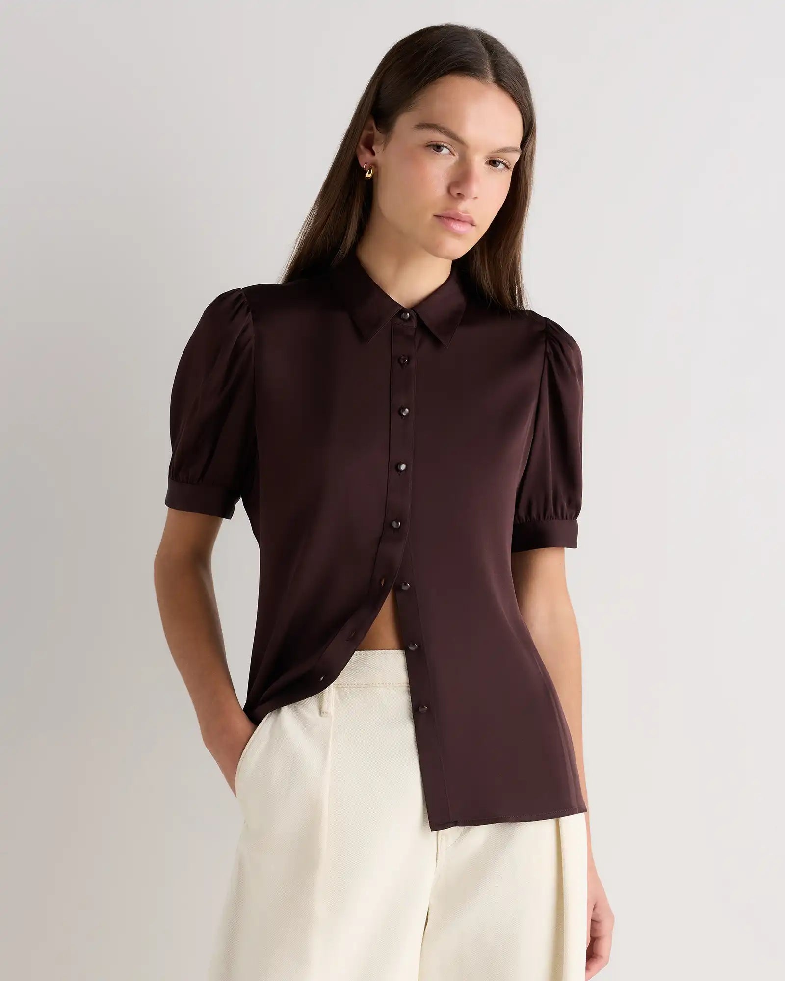 Washable Stretch Silk Puff Sleeve Blouse