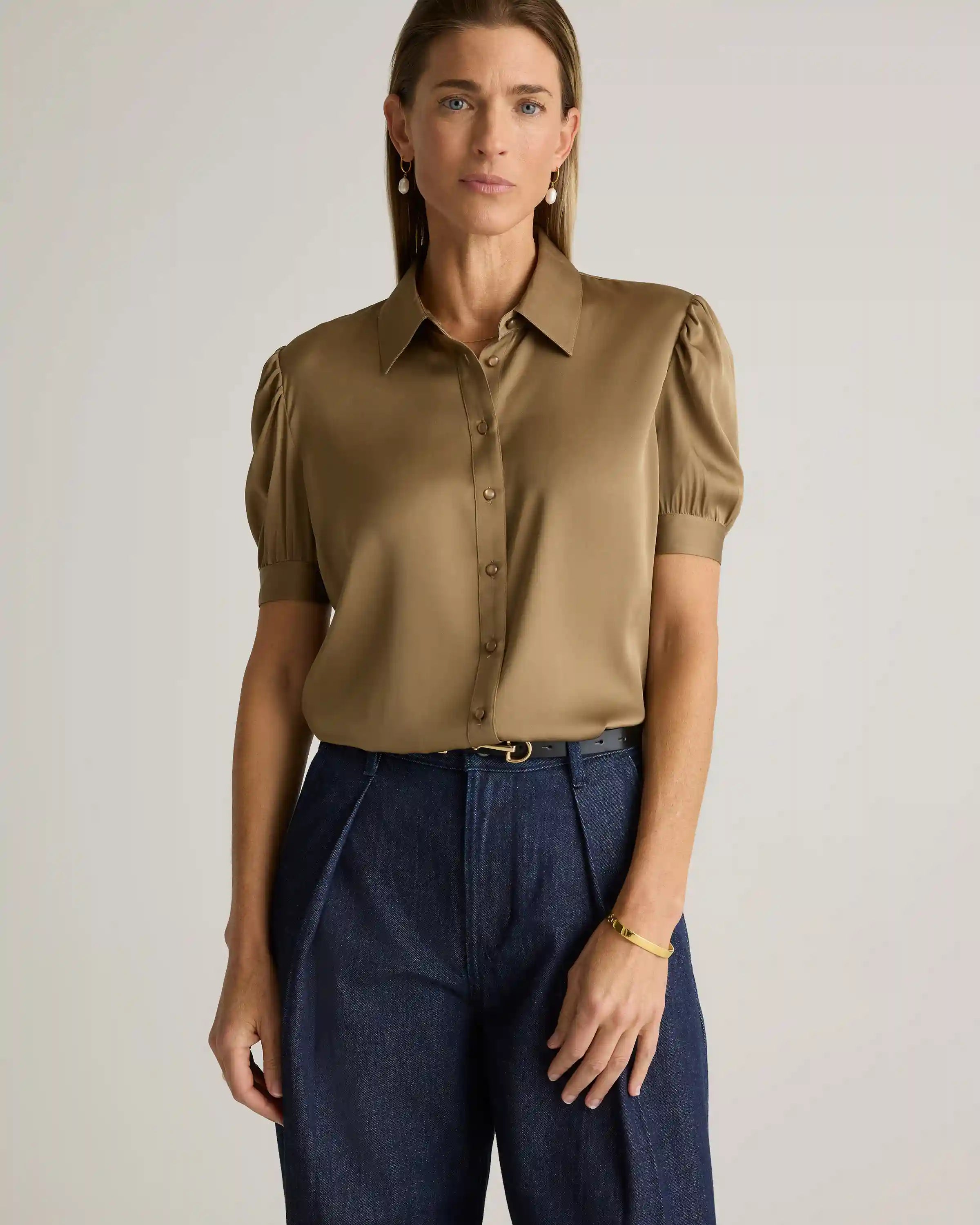 Washable Stretch Silk Puff Sleeve Blouse