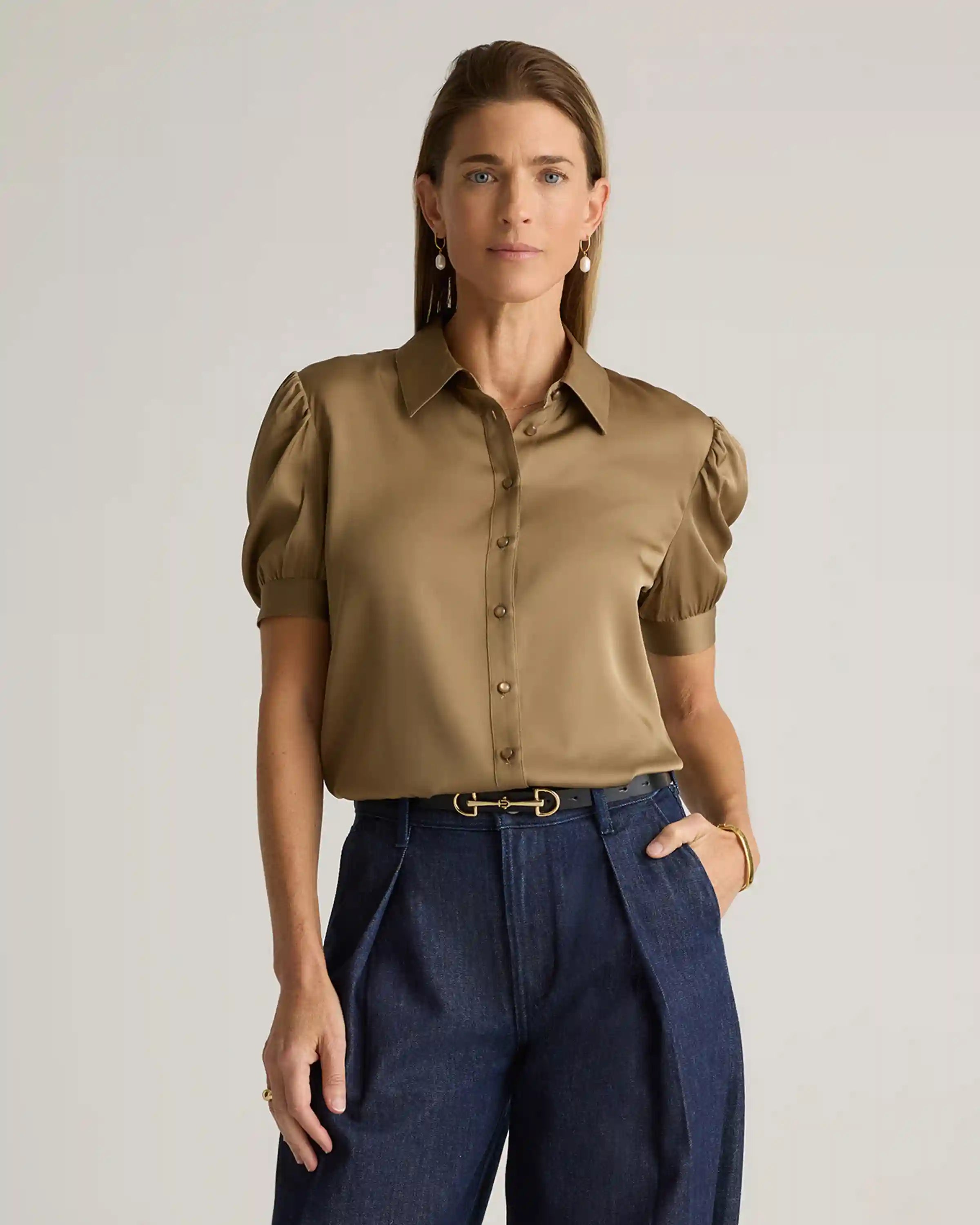 Washable Stretch Silk Puff Sleeve Blouse