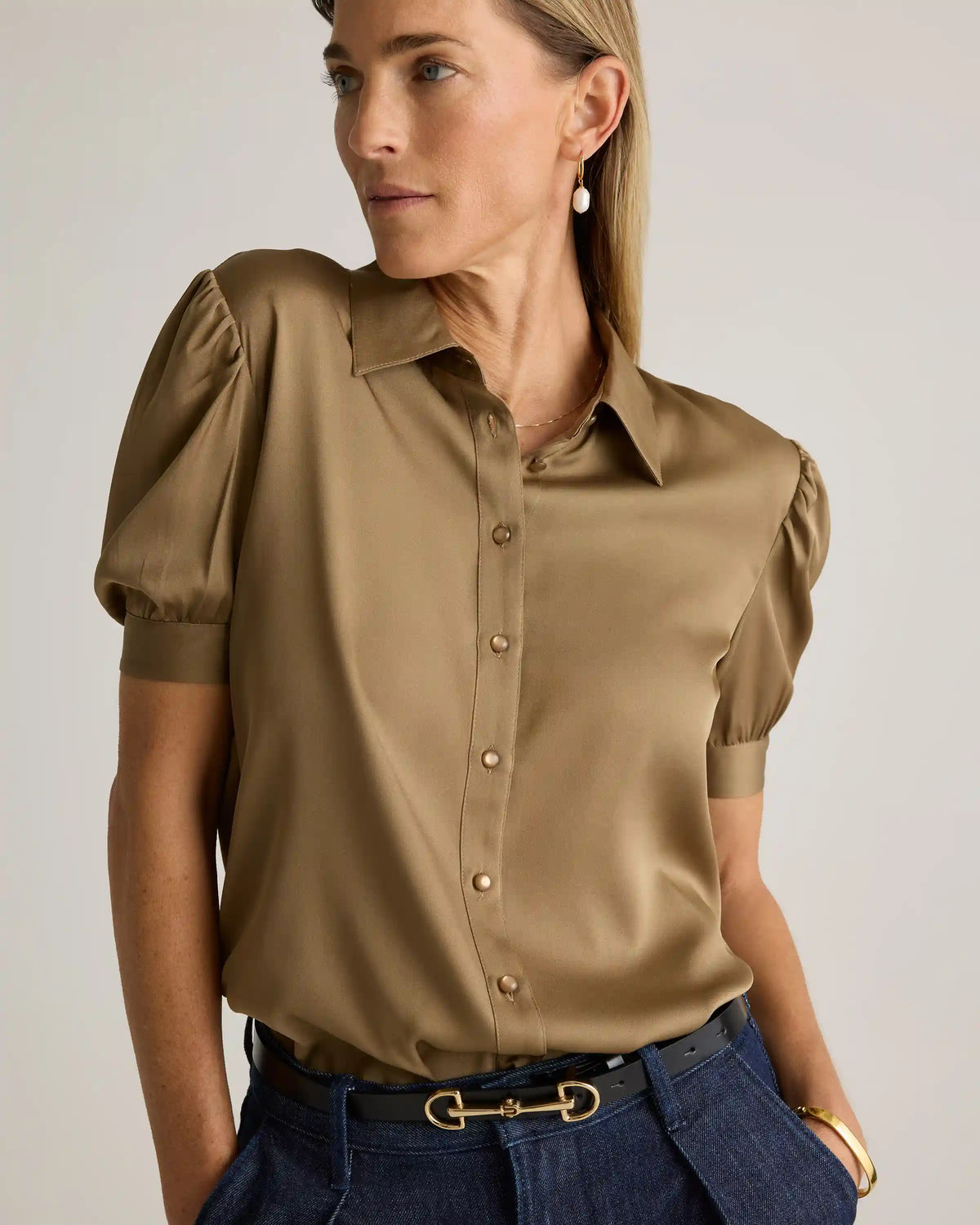 Washable Stretch Silk Puff Sleeve Blouse