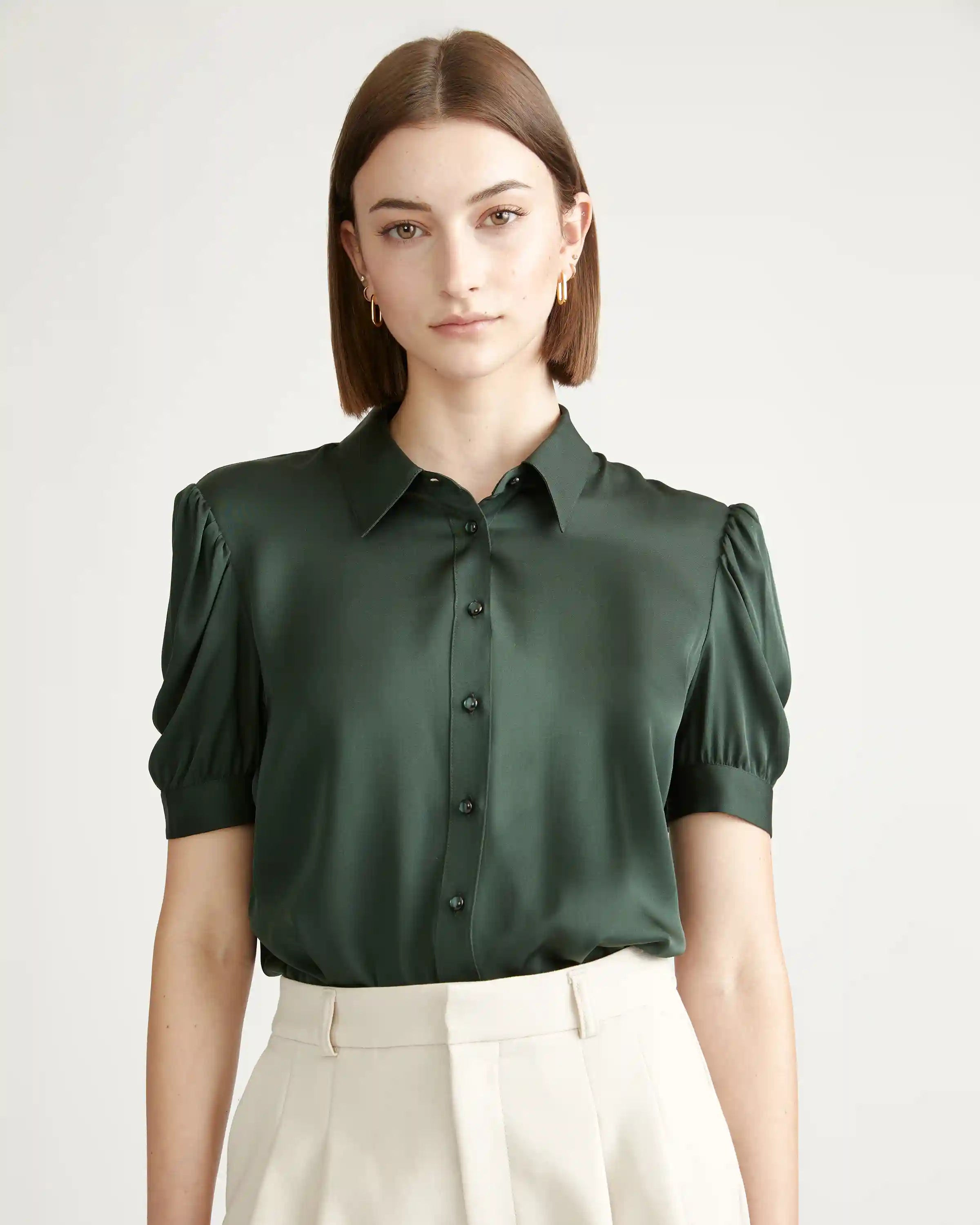 Washable Stretch Silk Puff Sleeve Blouse