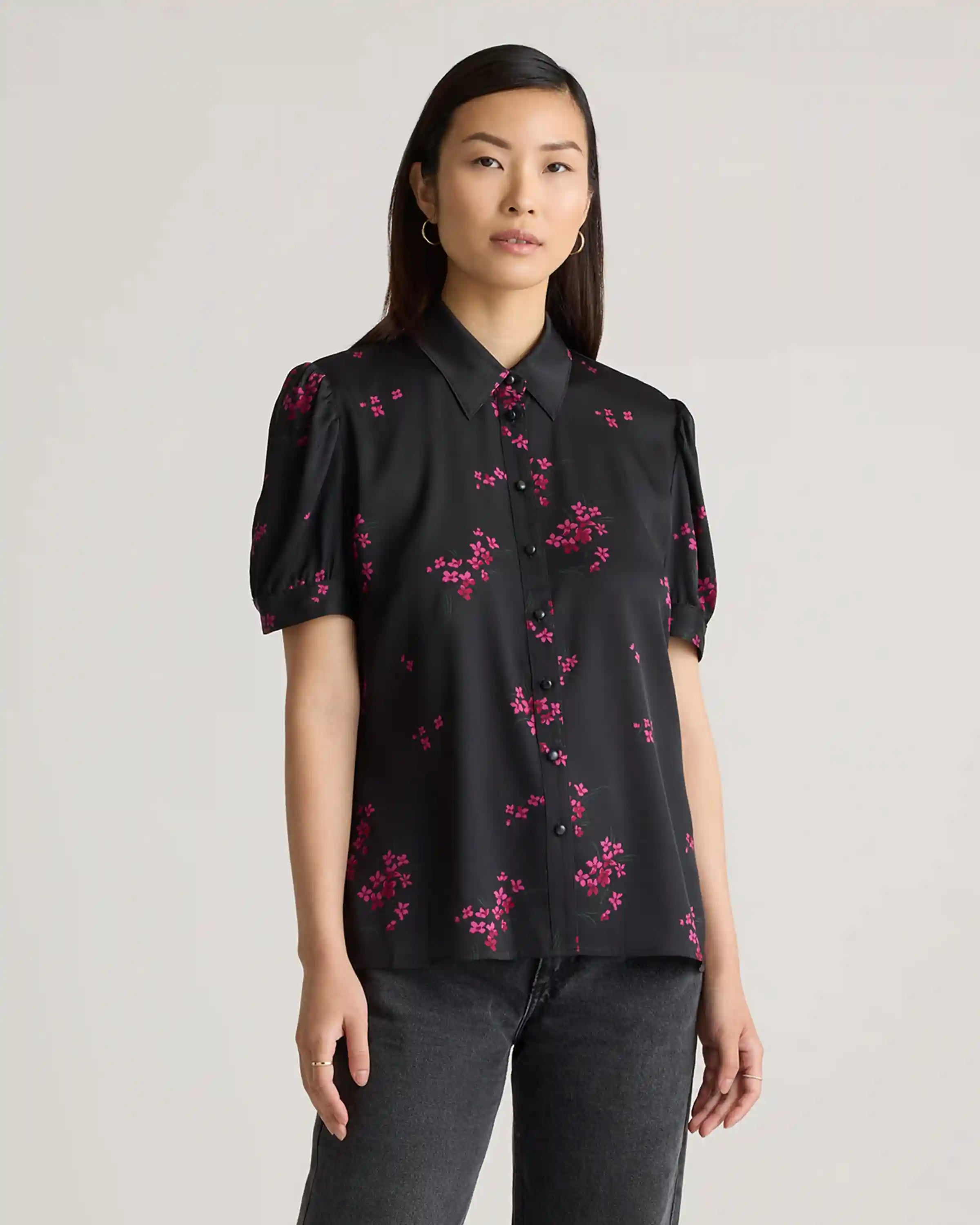 Washable Stretch Silk Puff Sleeve Blouse