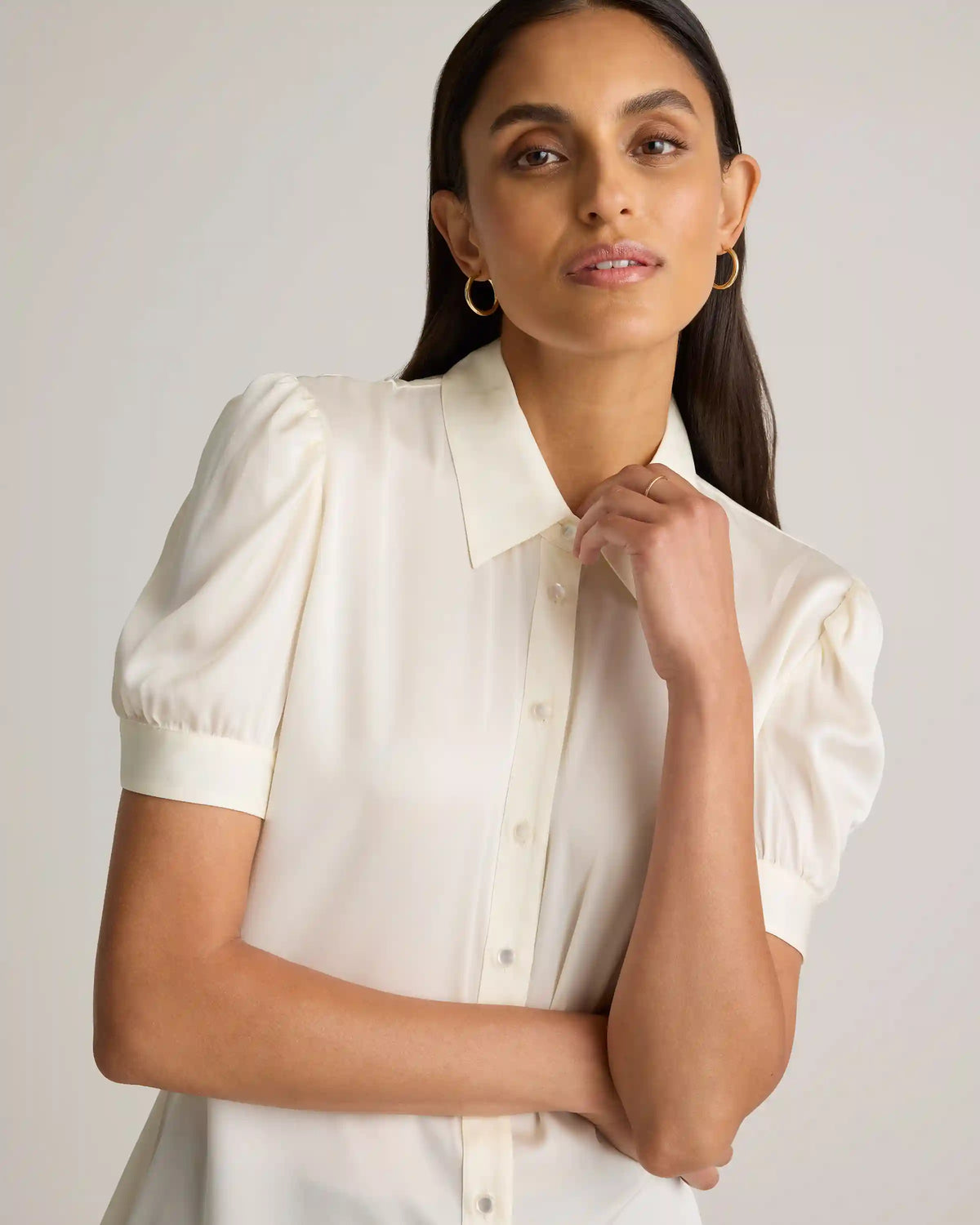 Washable Stretch Silk Puff Sleeve Blouse