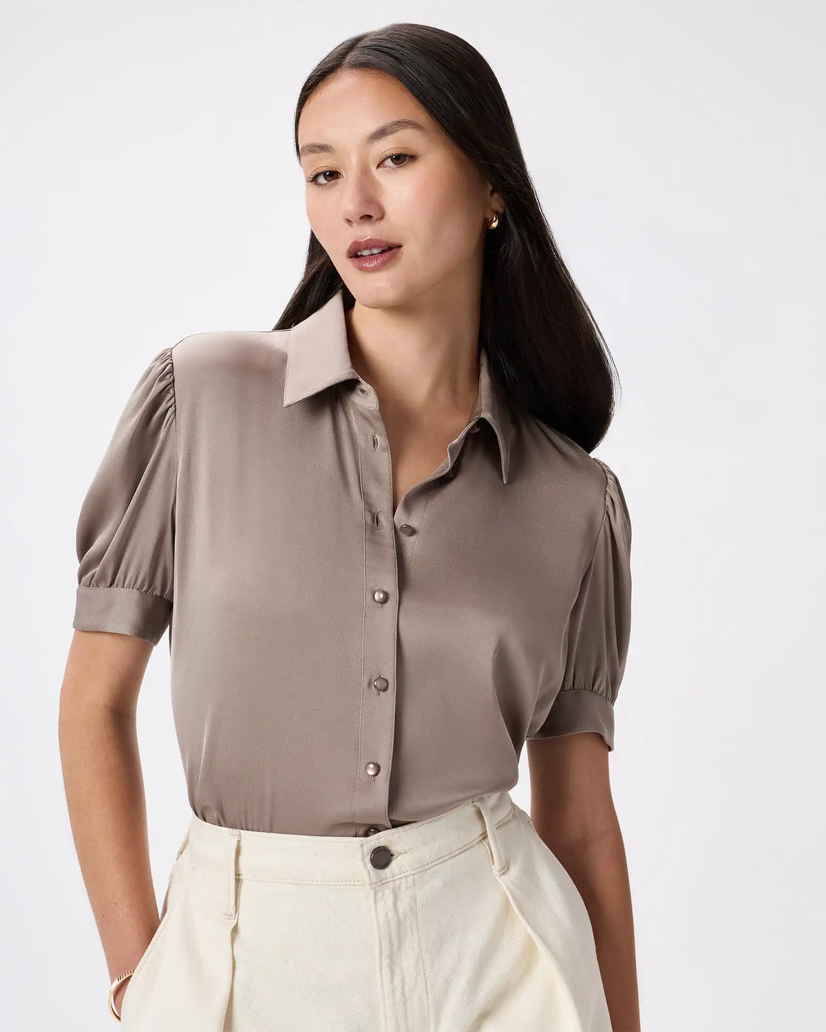 Washable Stretch Silk Puff Sleeve Blouse
