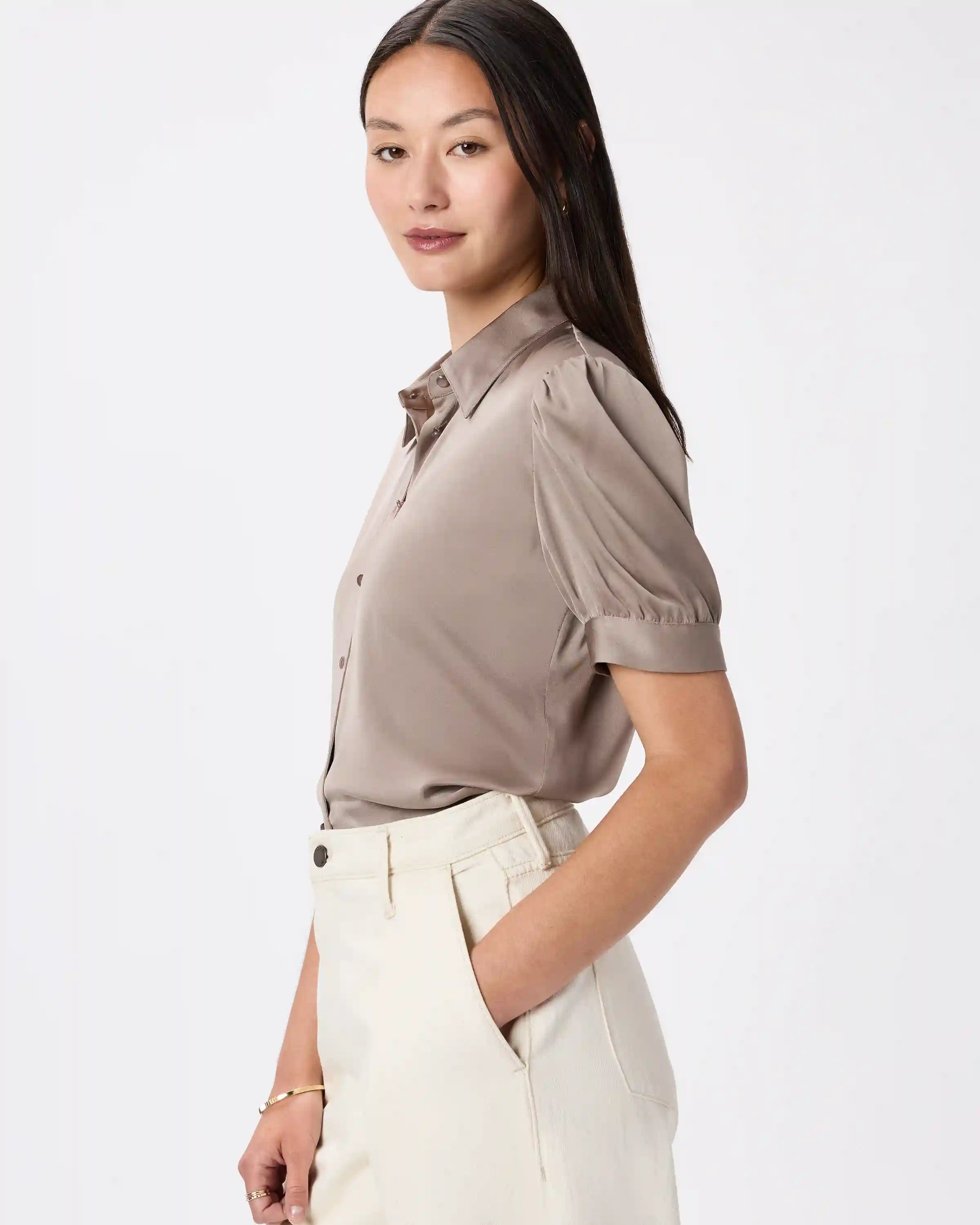 Washable Stretch Silk Puff Sleeve Blouse
