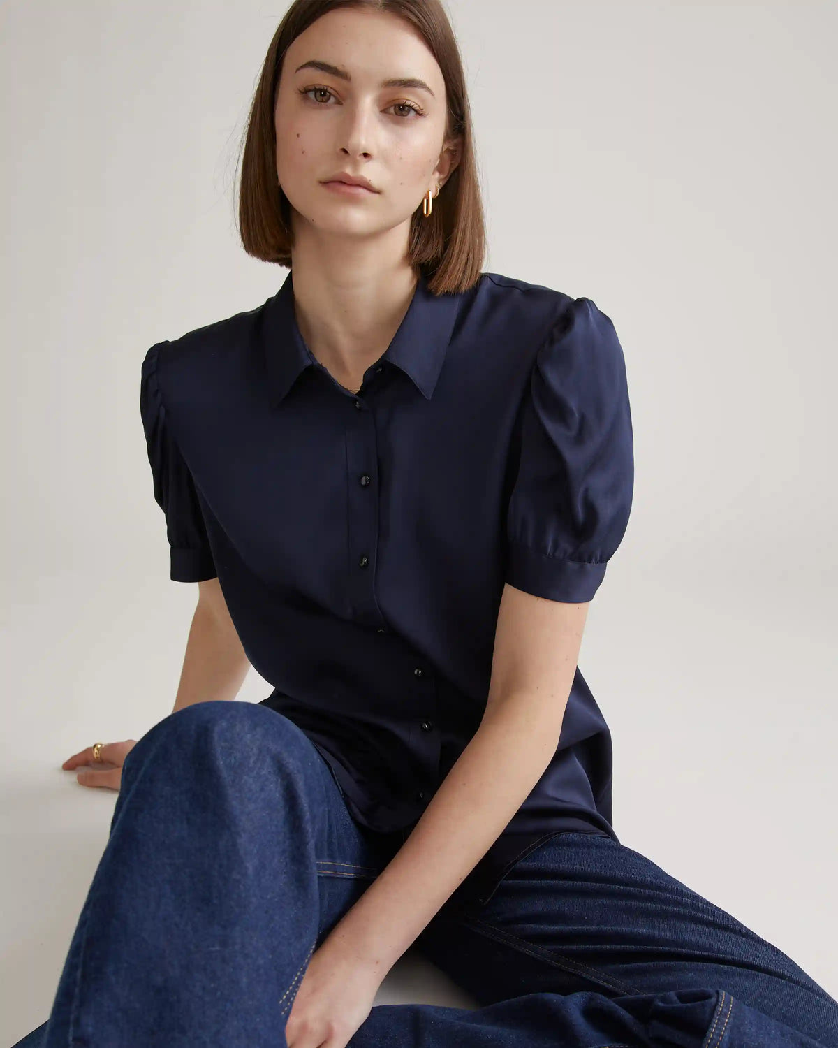 Washable Stretch Silk Puff Sleeve Blouse