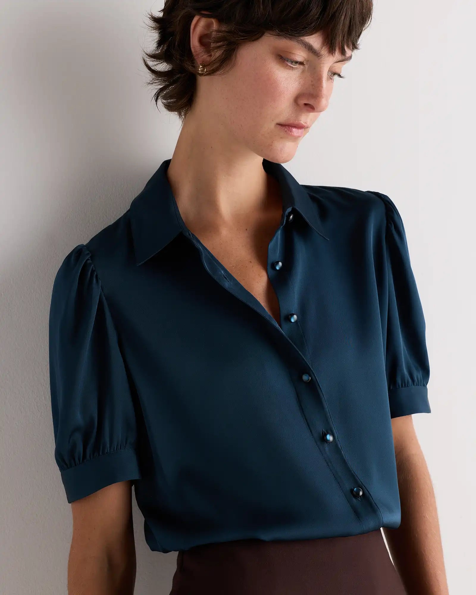 Washable Stretch Silk Puff Sleeve Blouse