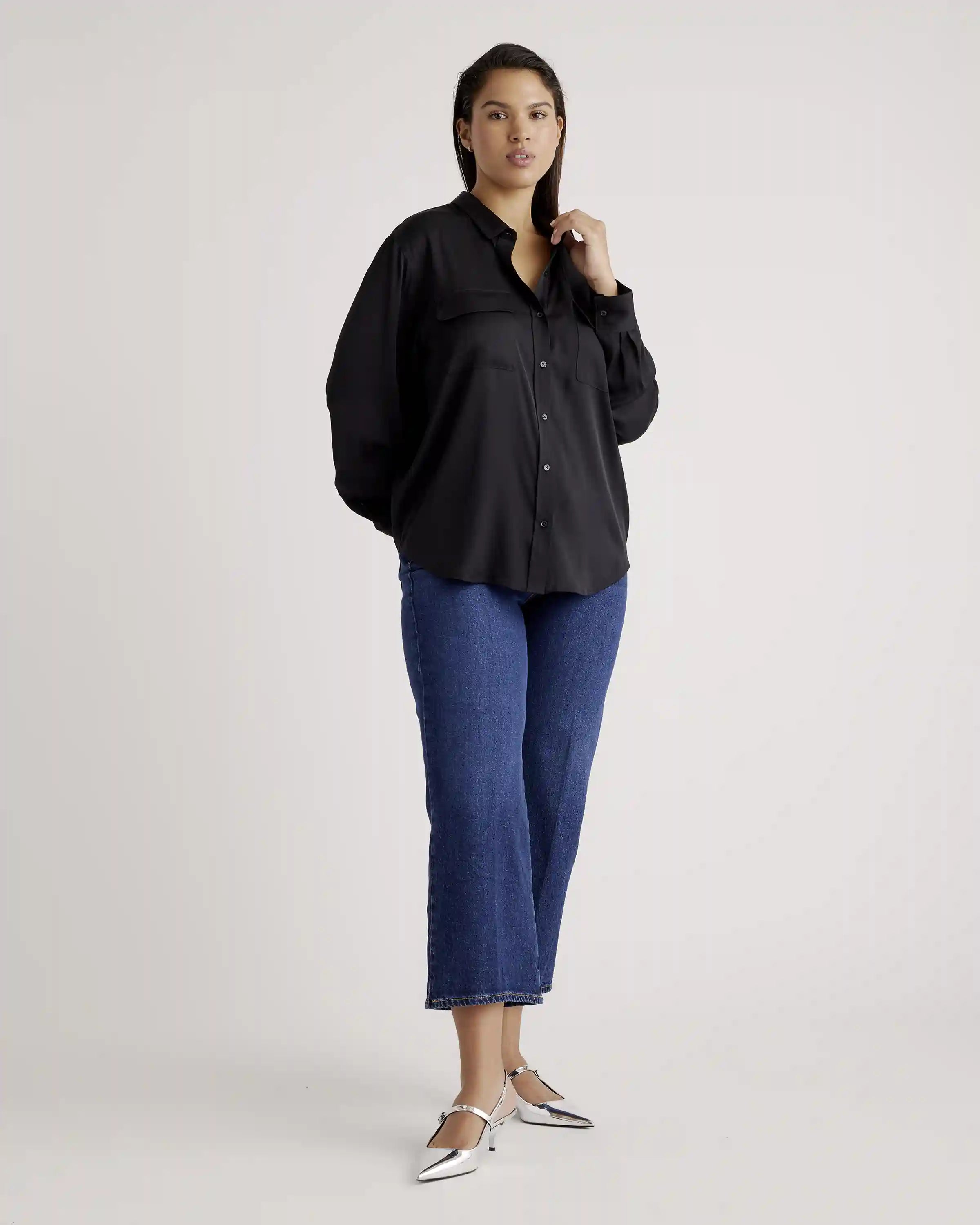 Washable Stretch Silk Utility Long Sleeve Blouse