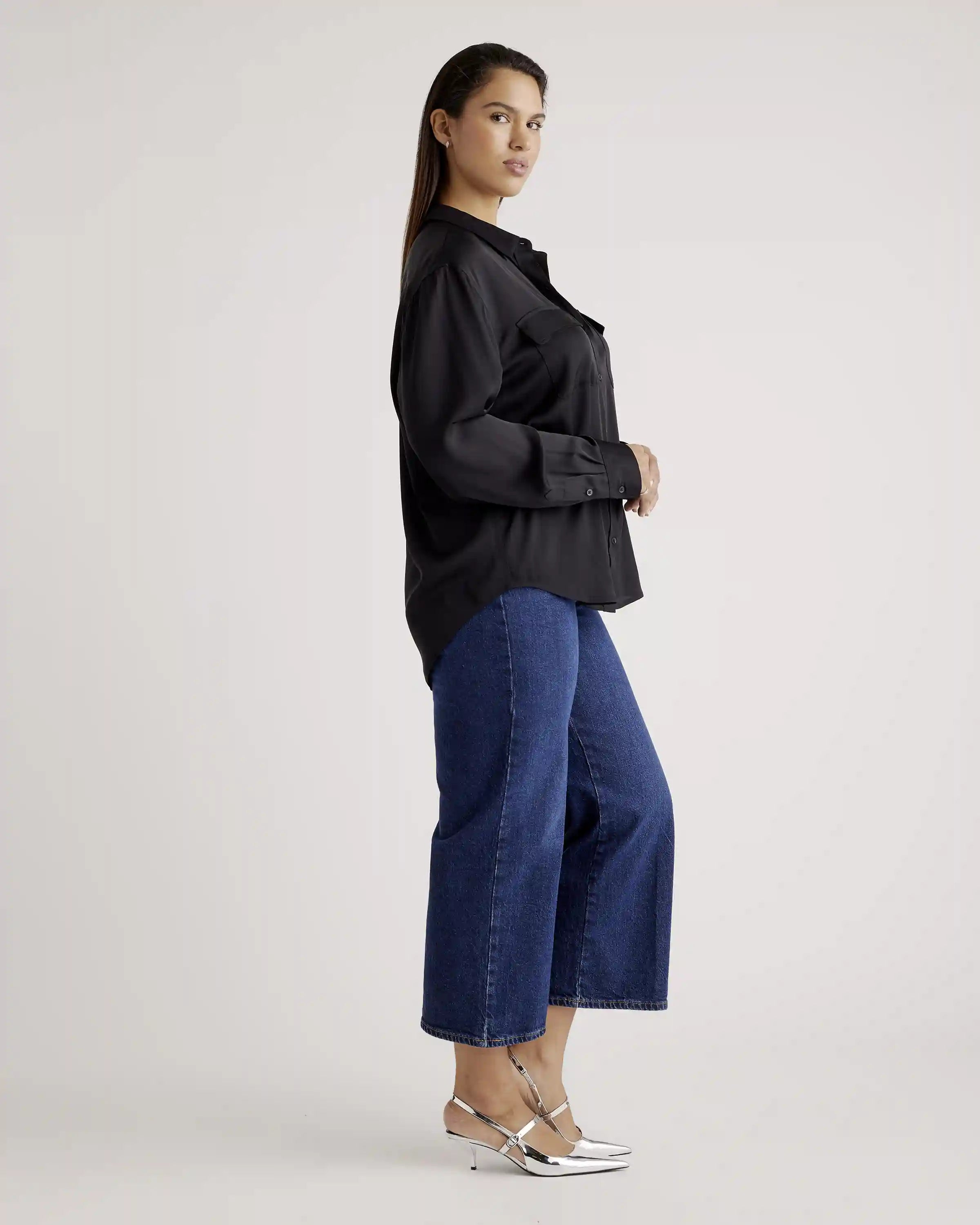 Washable Stretch Silk Utility Long Sleeve Blouse