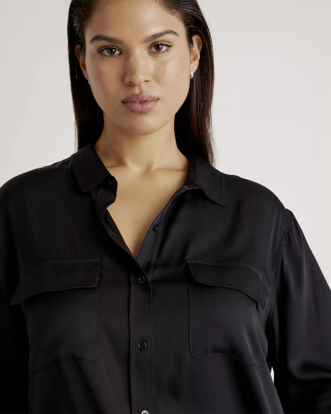 Washable Stretch Silk Utility Long Sleeve Blouse