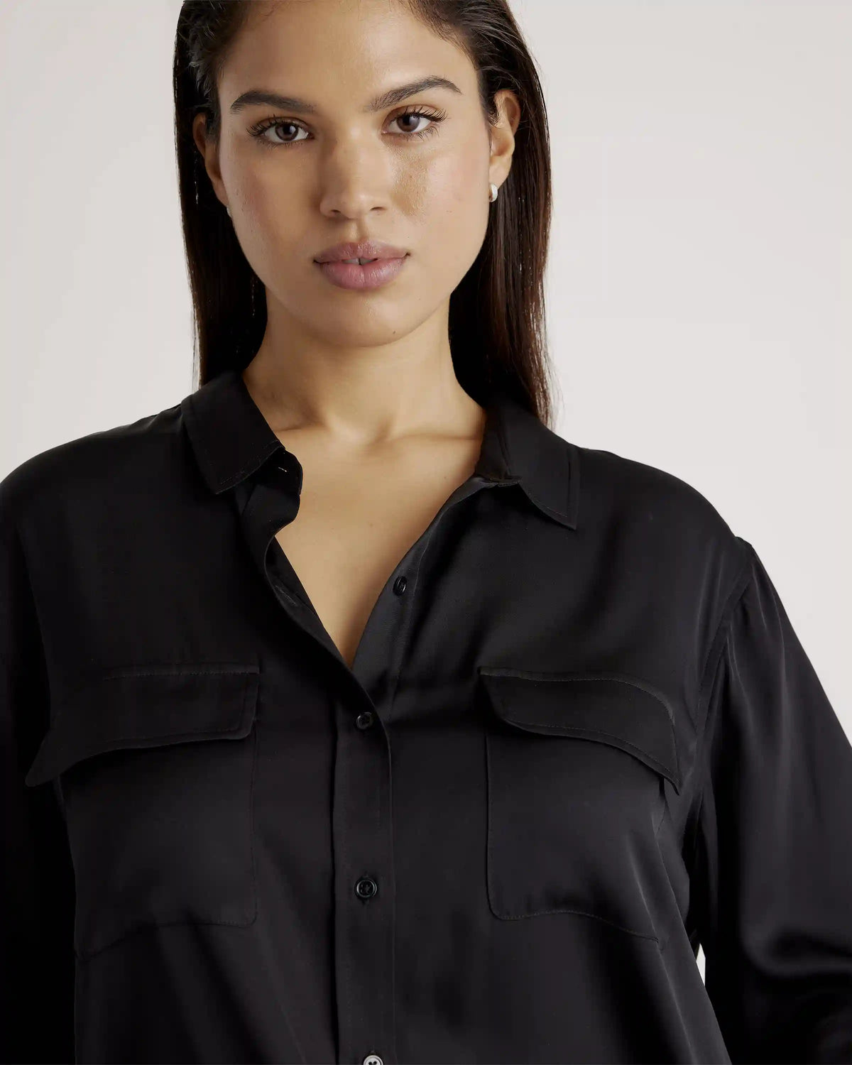 Washable Stretch Silk Utility Long Sleeve Blouse