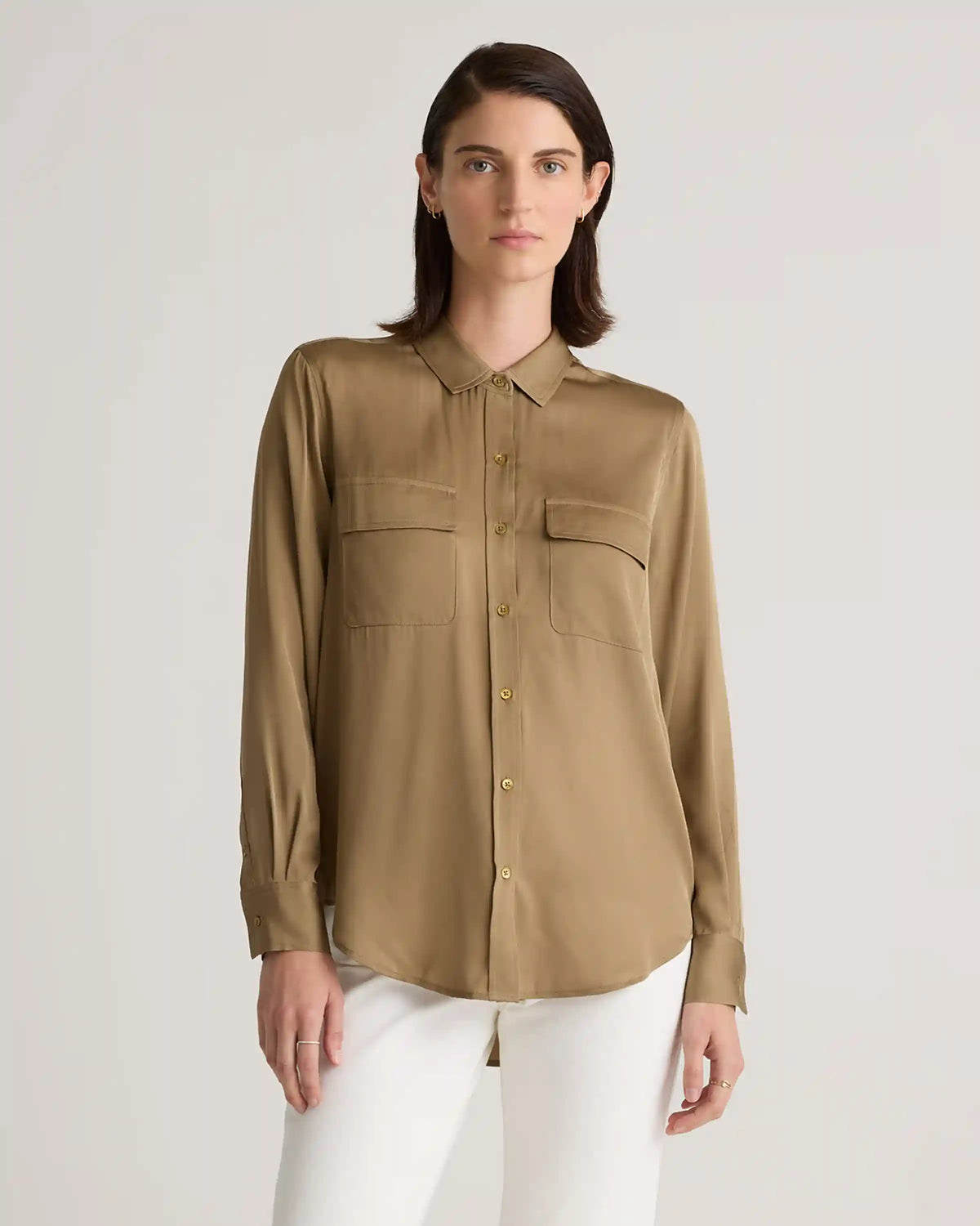 Washable Stretch Silk Utility Long Sleeve Blouse