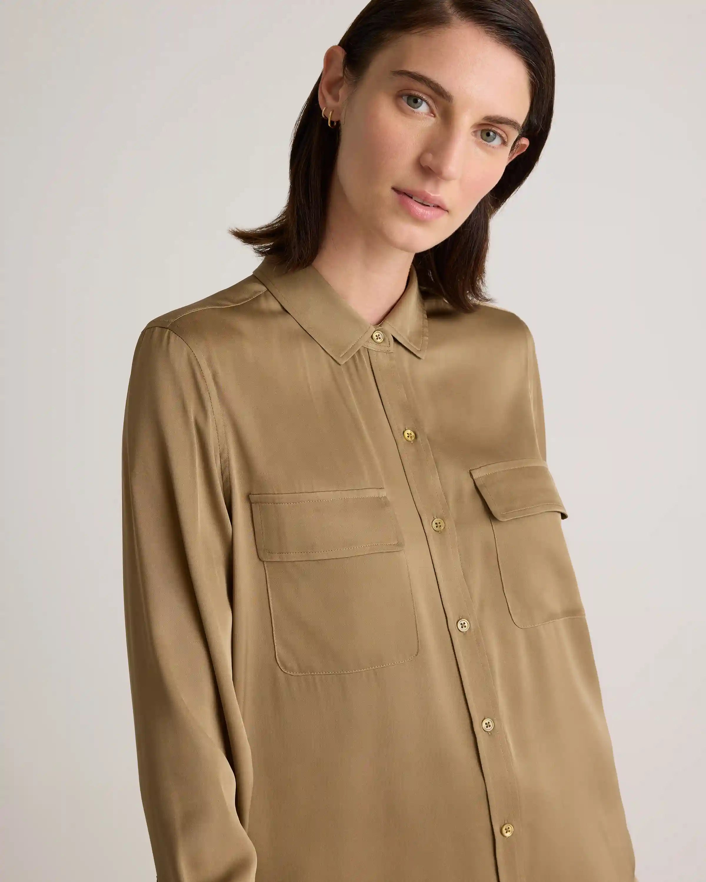 Washable Stretch Silk Utility Long Sleeve Blouse