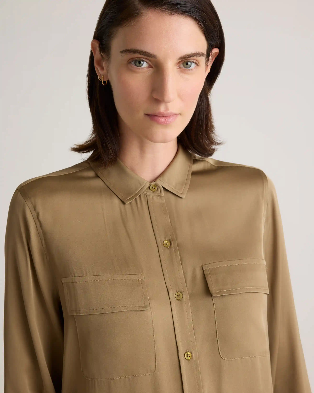 Washable Stretch Silk Utility Long Sleeve Blouse