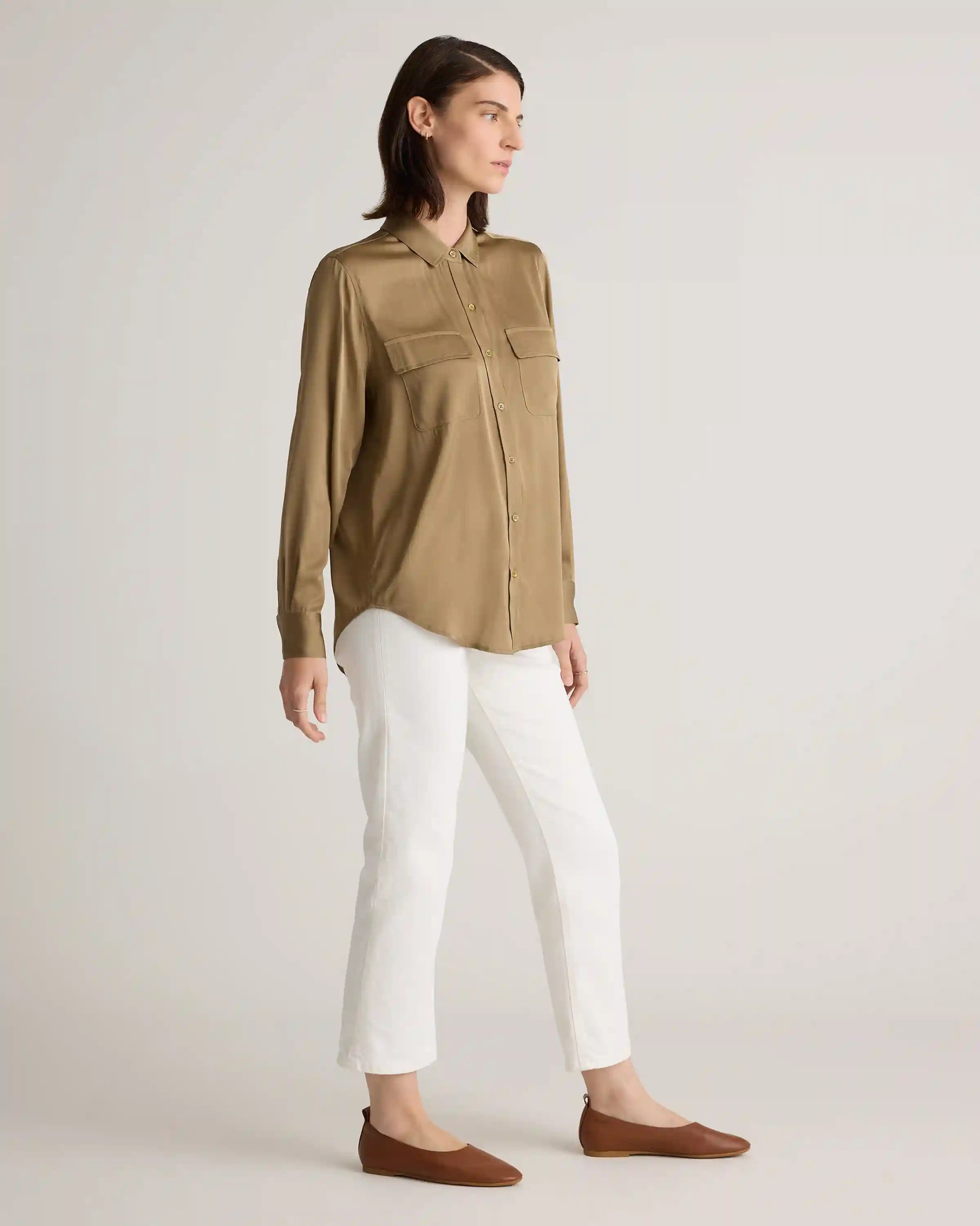Washable Stretch Silk Utility Long Sleeve Blouse