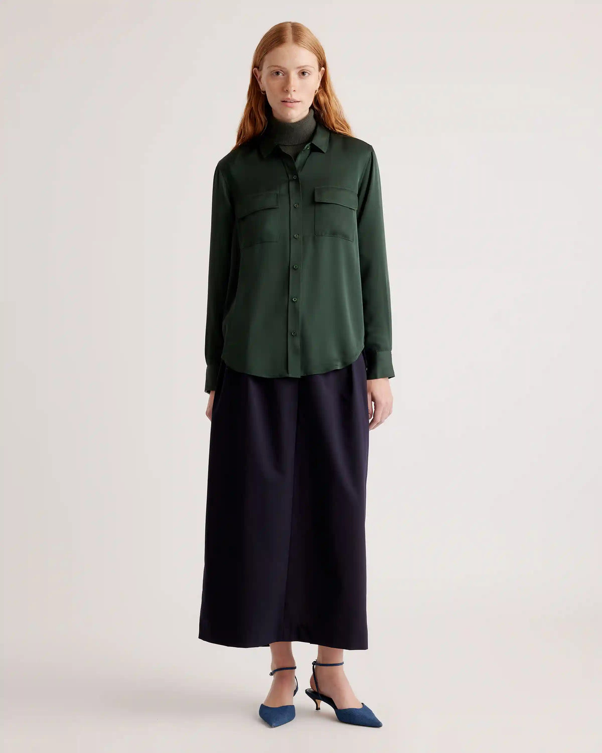 Washable Stretch Silk Utility Long Sleeve Blouse