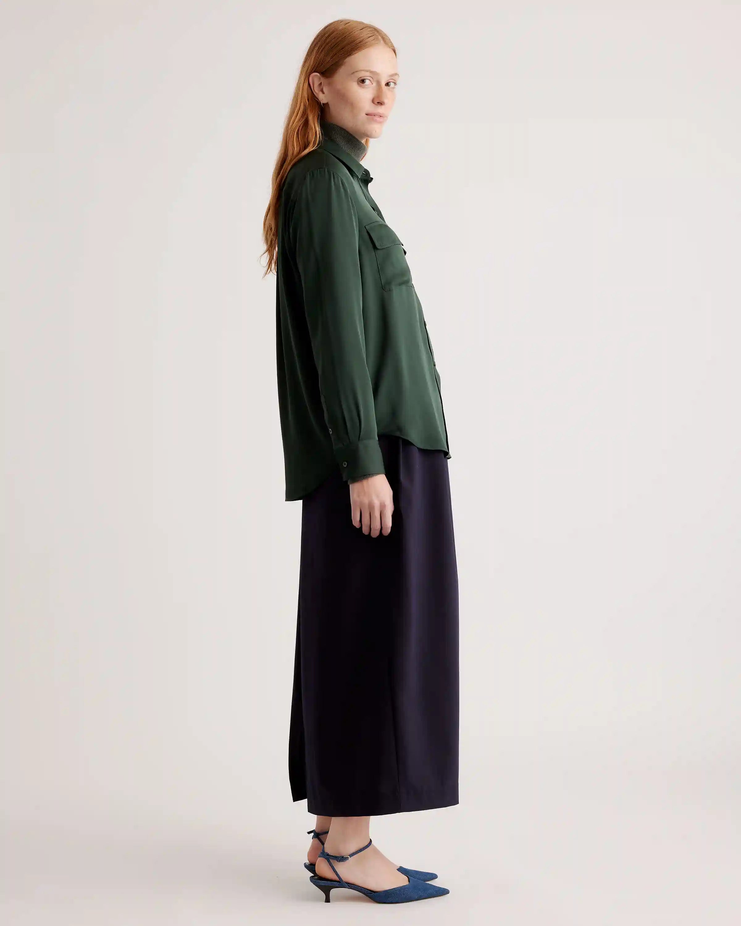 Washable Stretch Silk Utility Long Sleeve Blouse