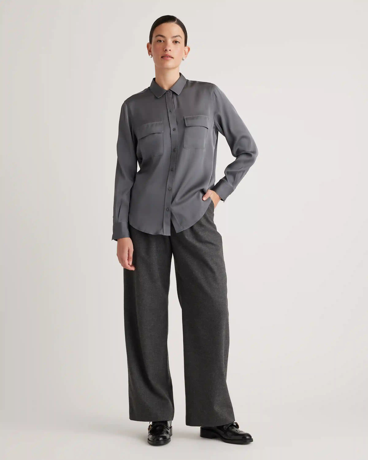 Washable Stretch Silk Utility Long Sleeve Blouse