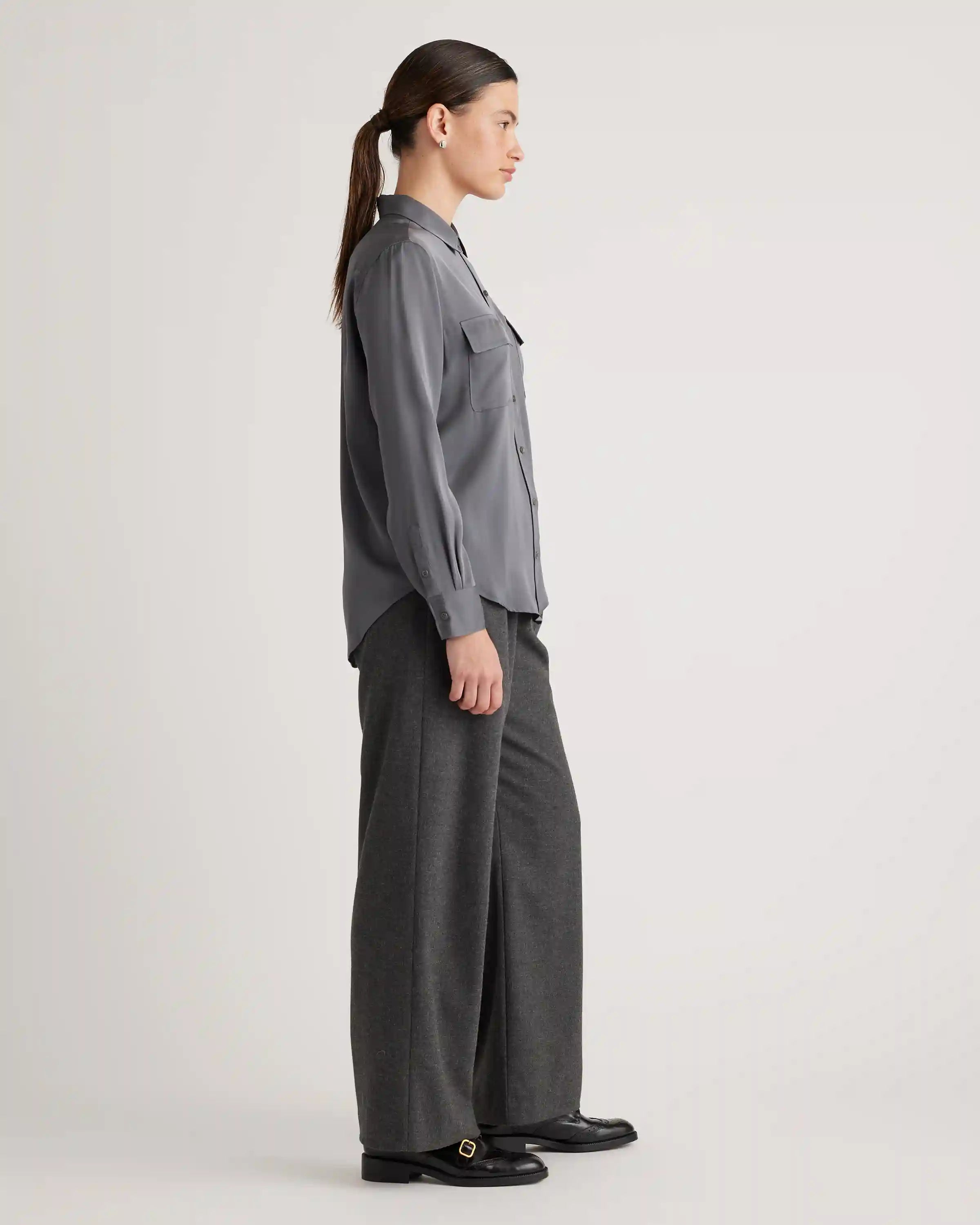 Washable Stretch Silk Utility Long Sleeve Blouse