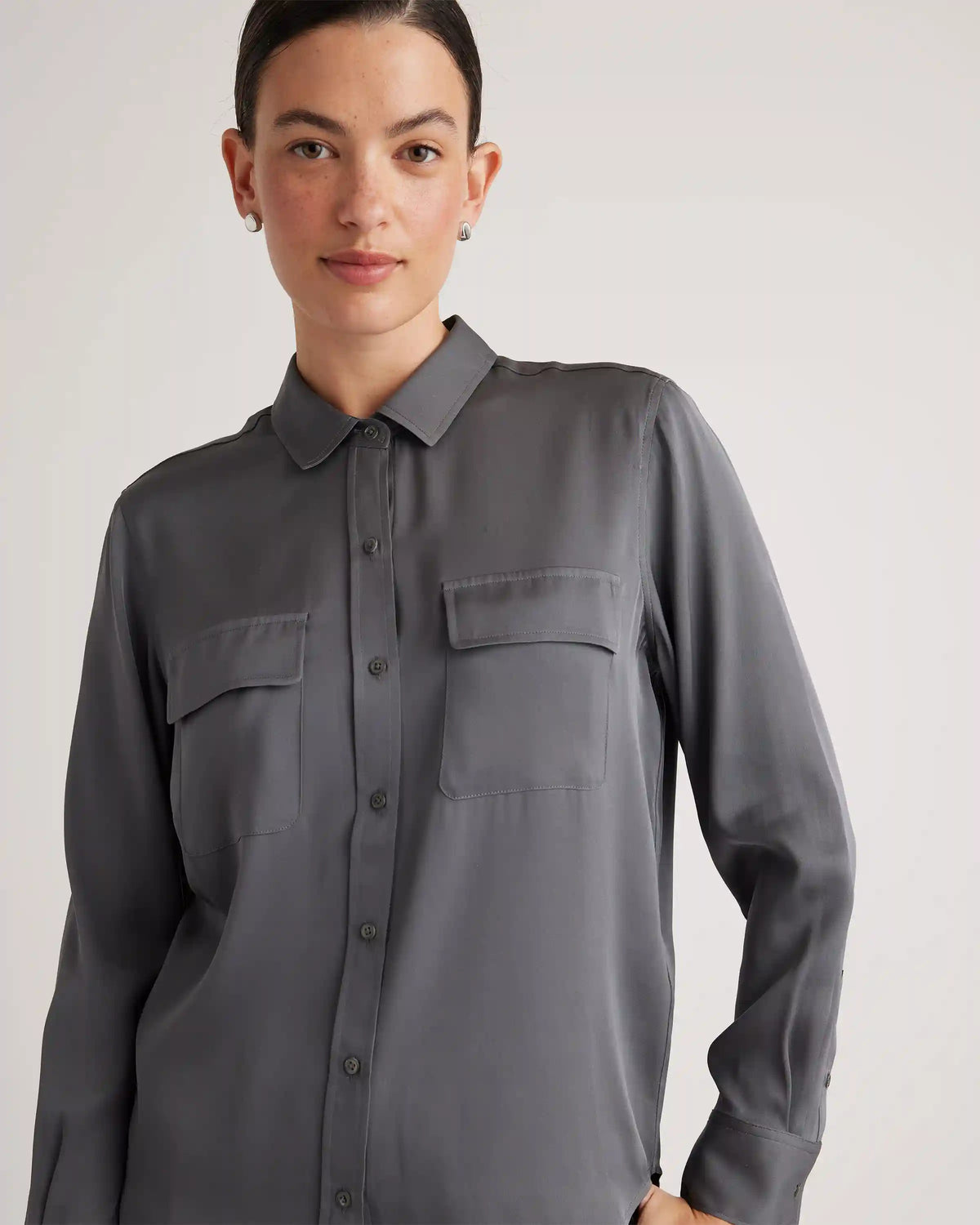 Washable Stretch Silk Utility Long Sleeve Blouse