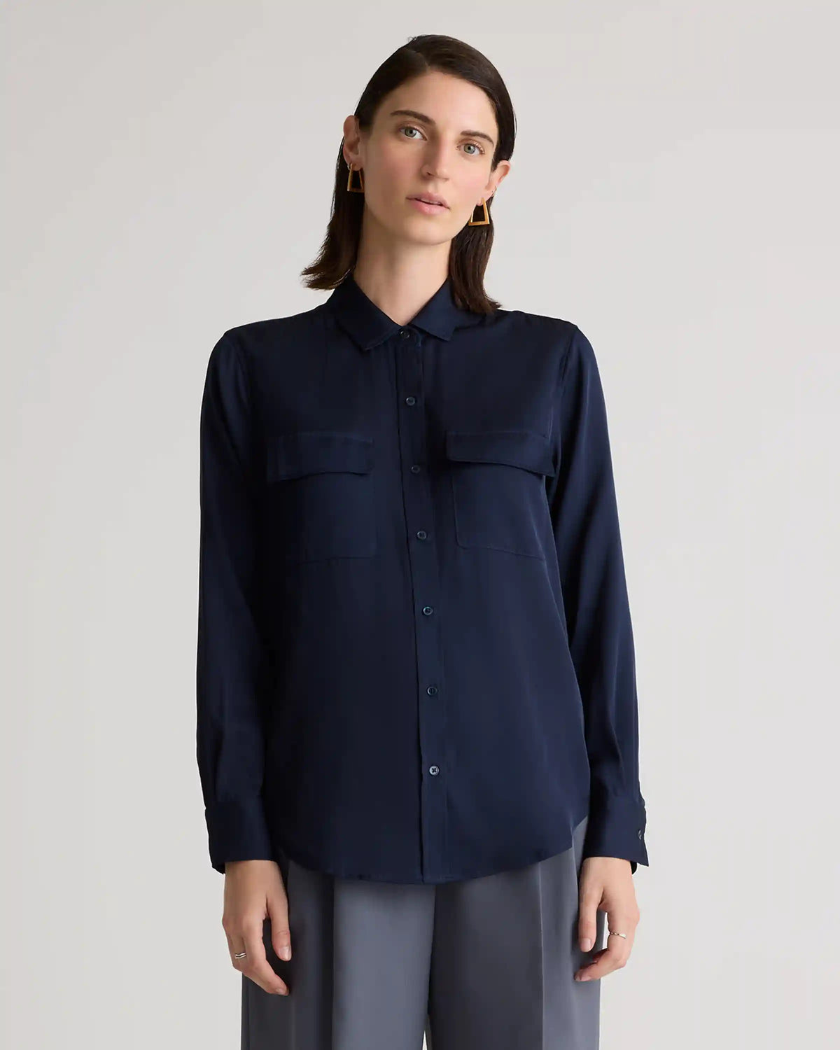 Washable Stretch Silk Utility Long Sleeve Blouse
