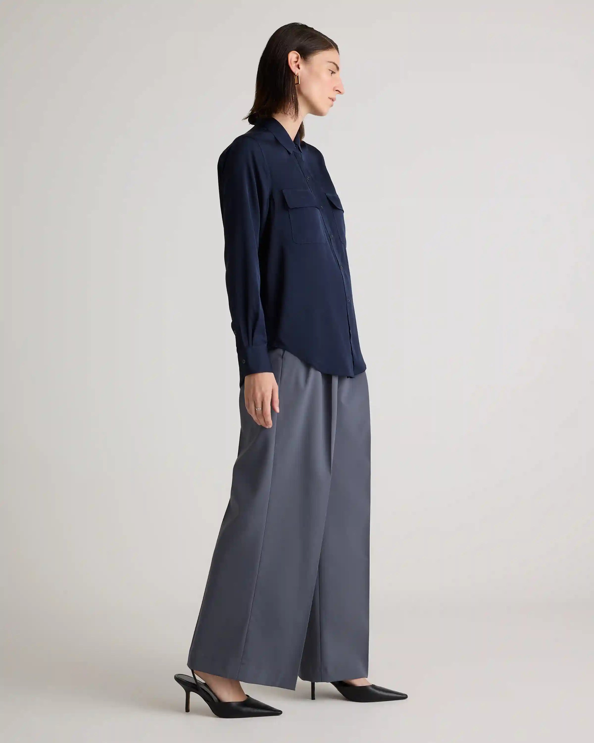 Washable Stretch Silk Utility Long Sleeve Blouse