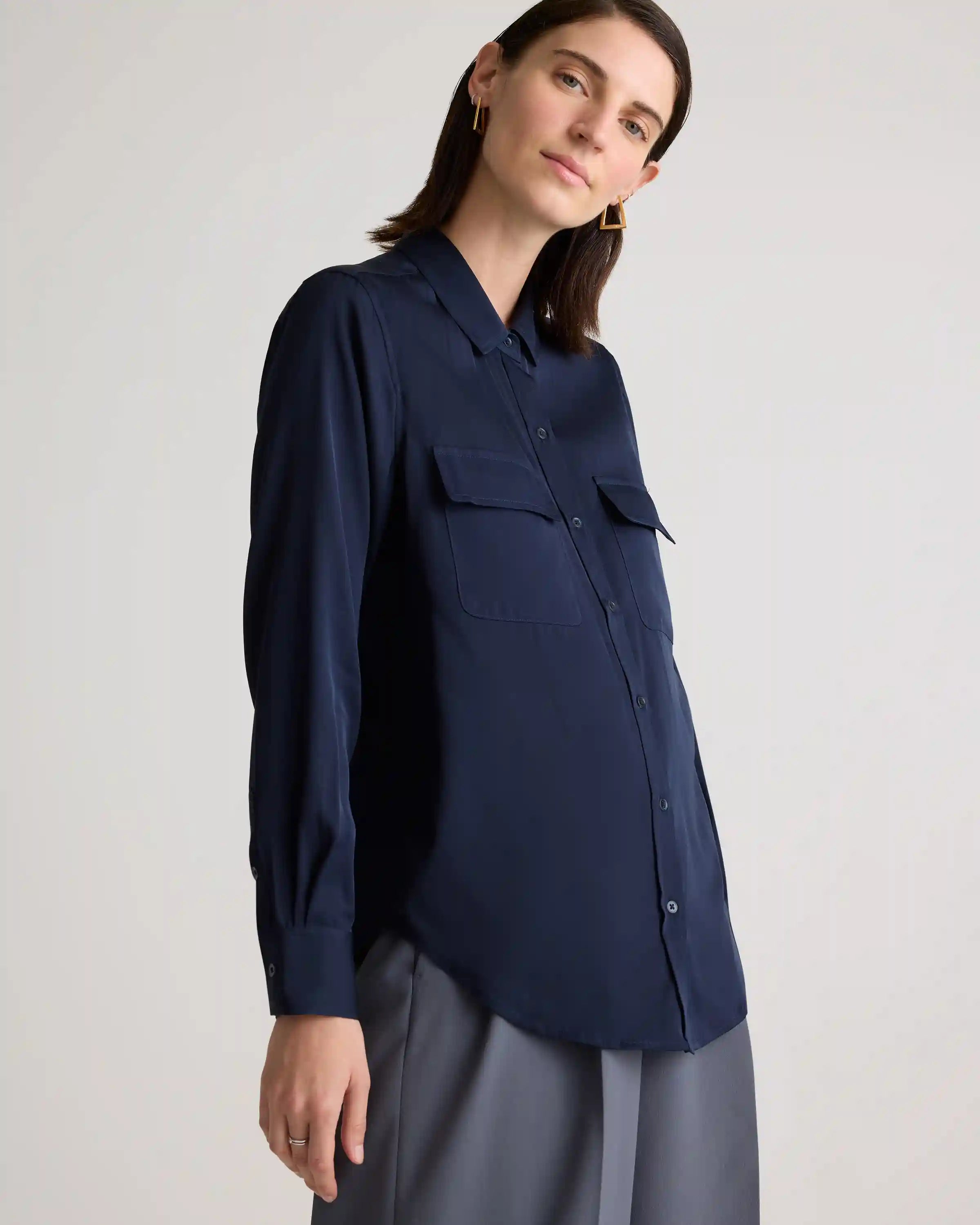 Washable Stretch Silk Utility Long Sleeve Blouse