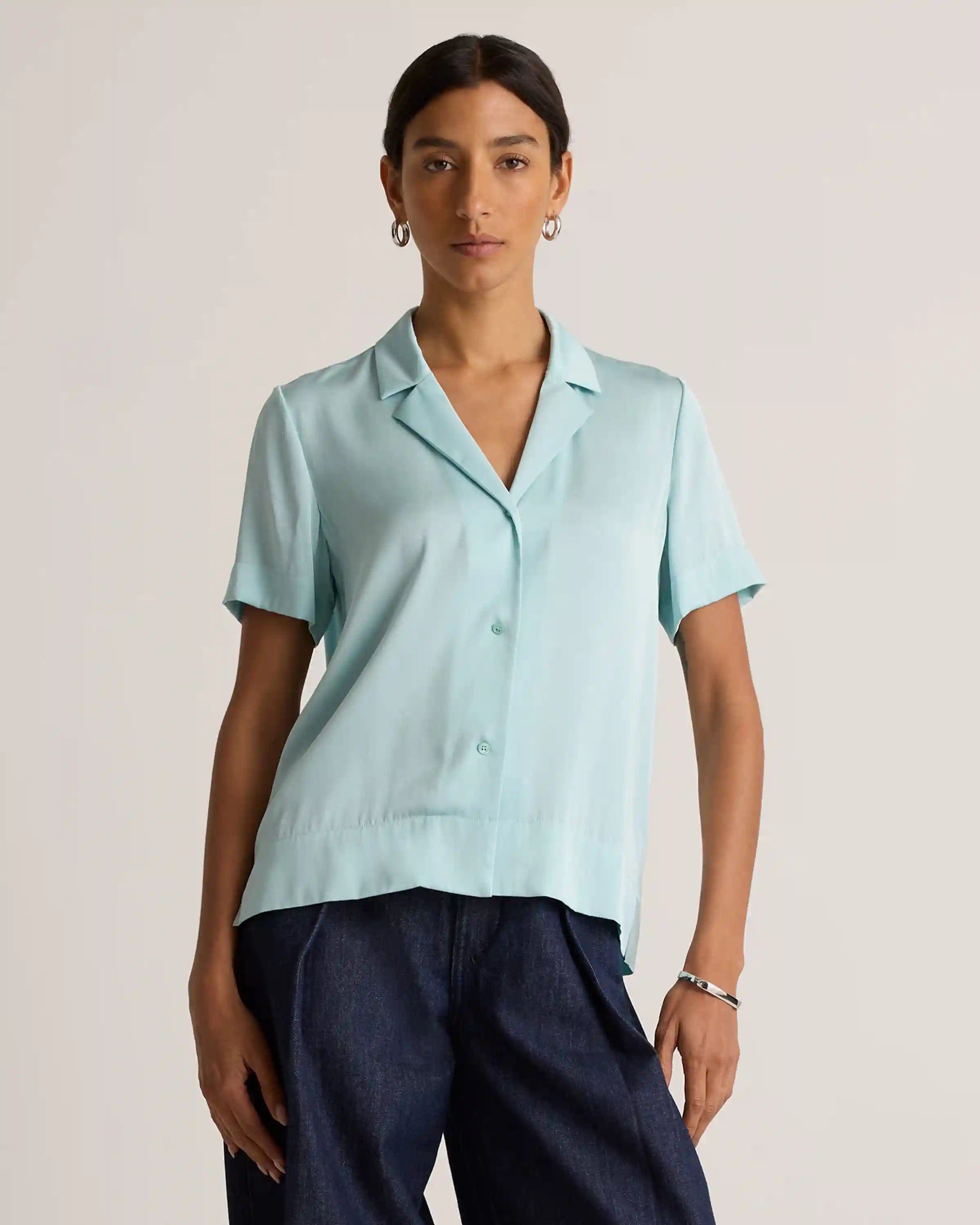 Washable Stretch Silk Short Sleeve Notch Collar Blouse