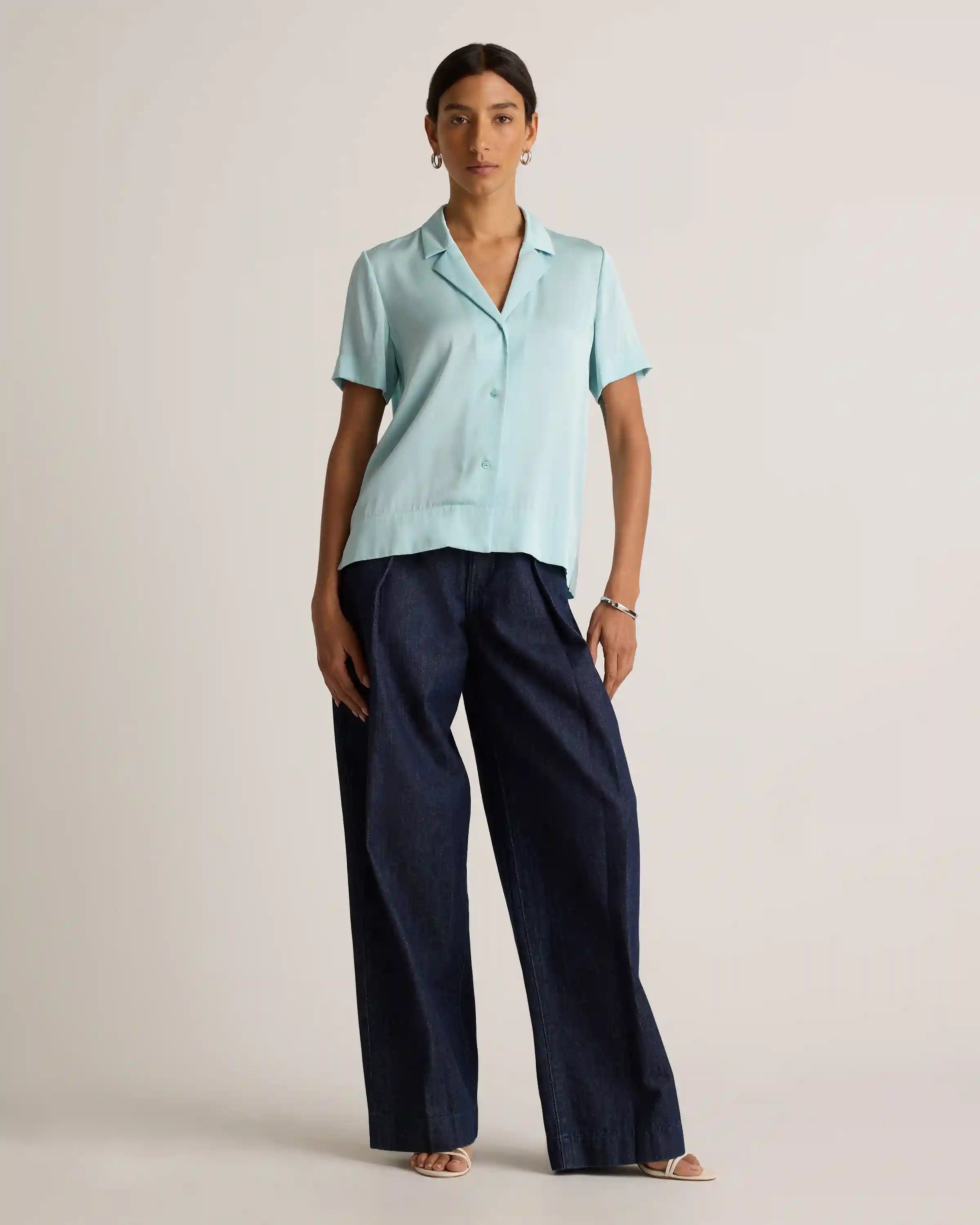 Washable Stretch Silk Short Sleeve Notch Collar Blouse