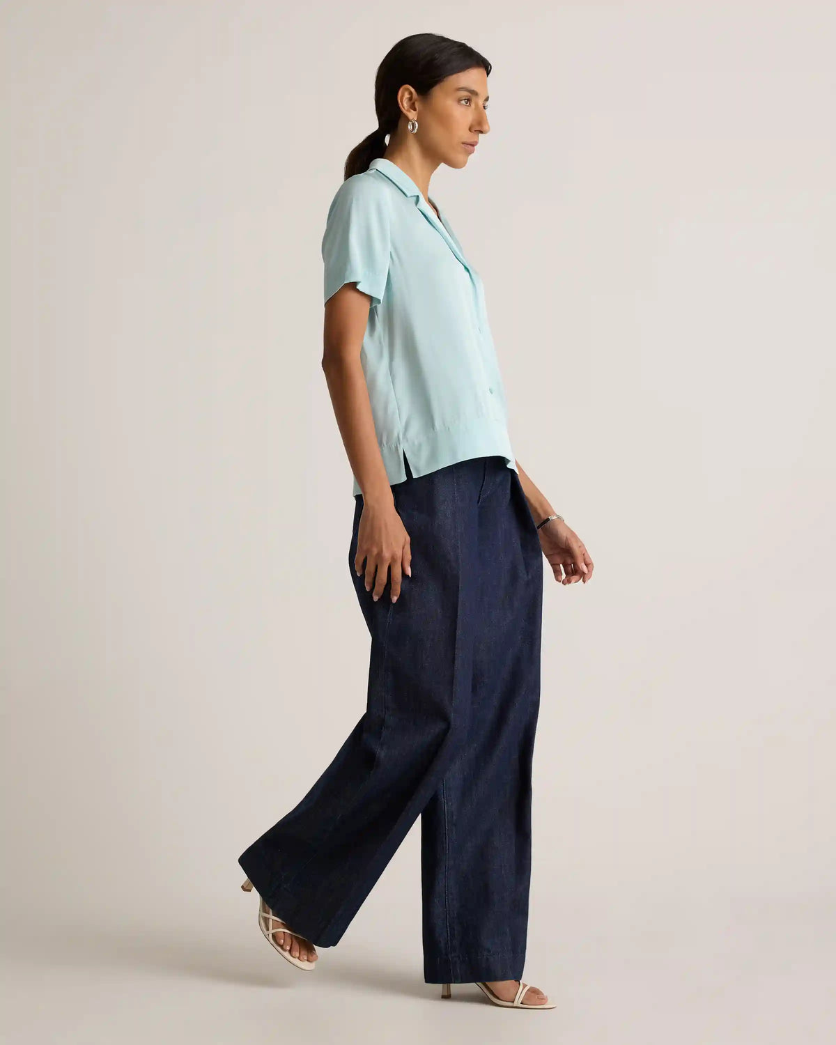 Washable Stretch Silk Short Sleeve Notch Collar Blouse
