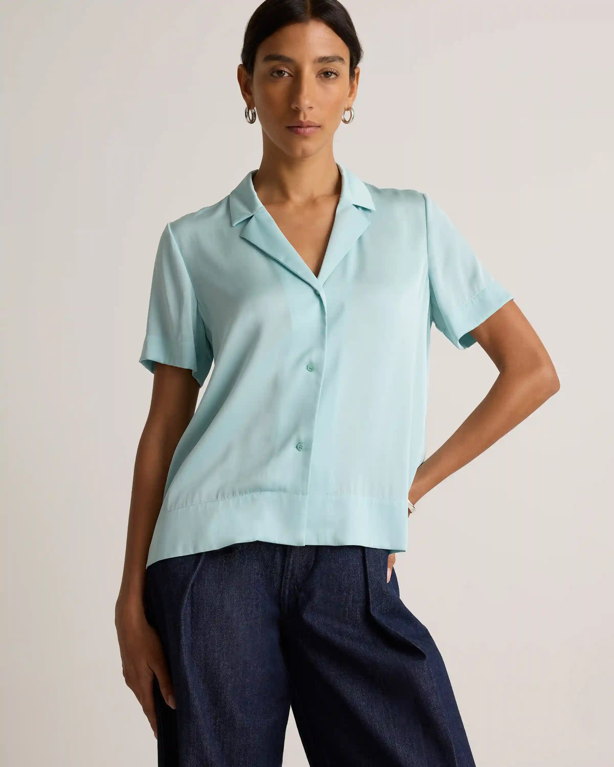 Washable Stretch Silk Short Sleeve Notch Collar Blouse