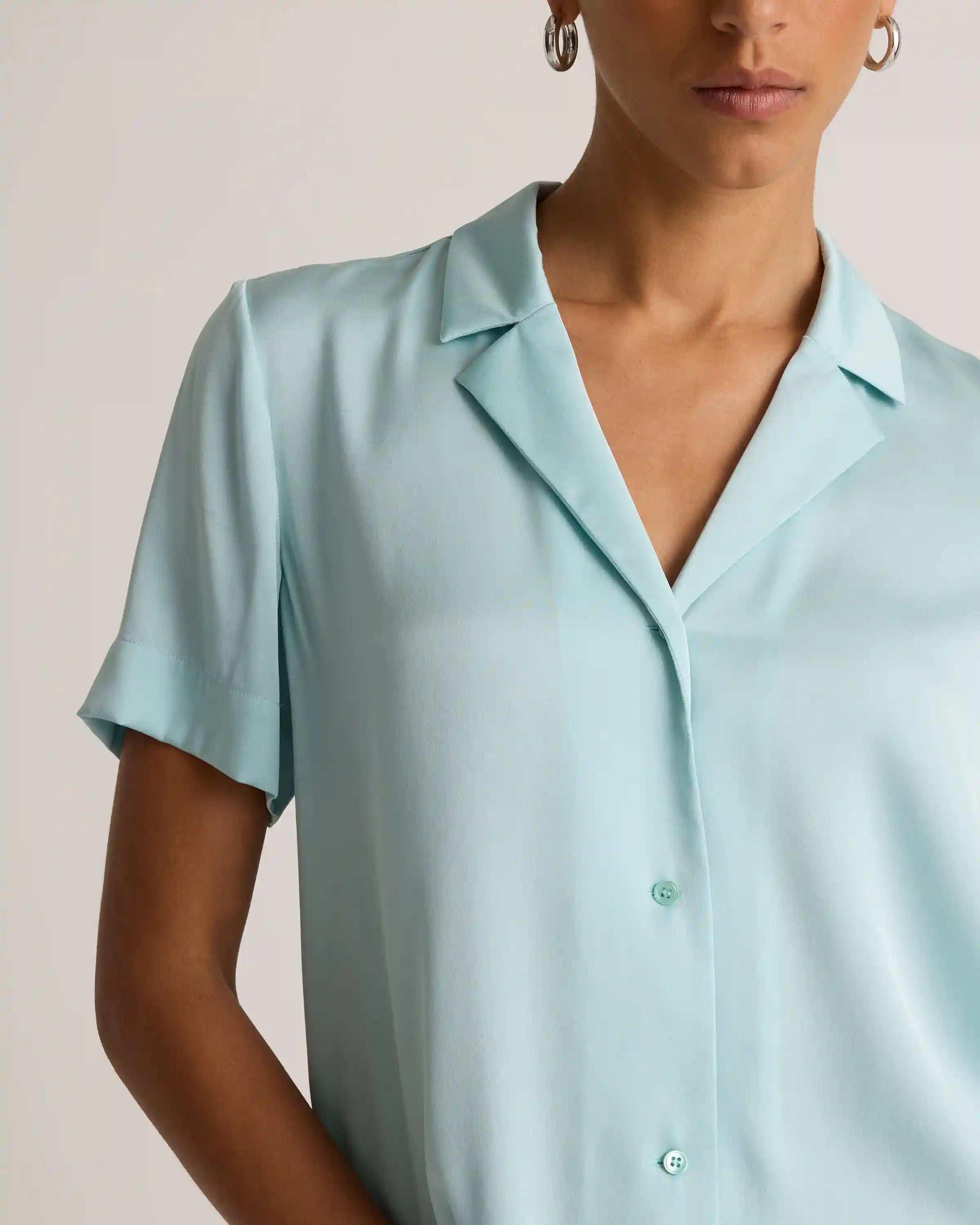 Washable Stretch Silk Short Sleeve Notch Collar Blouse