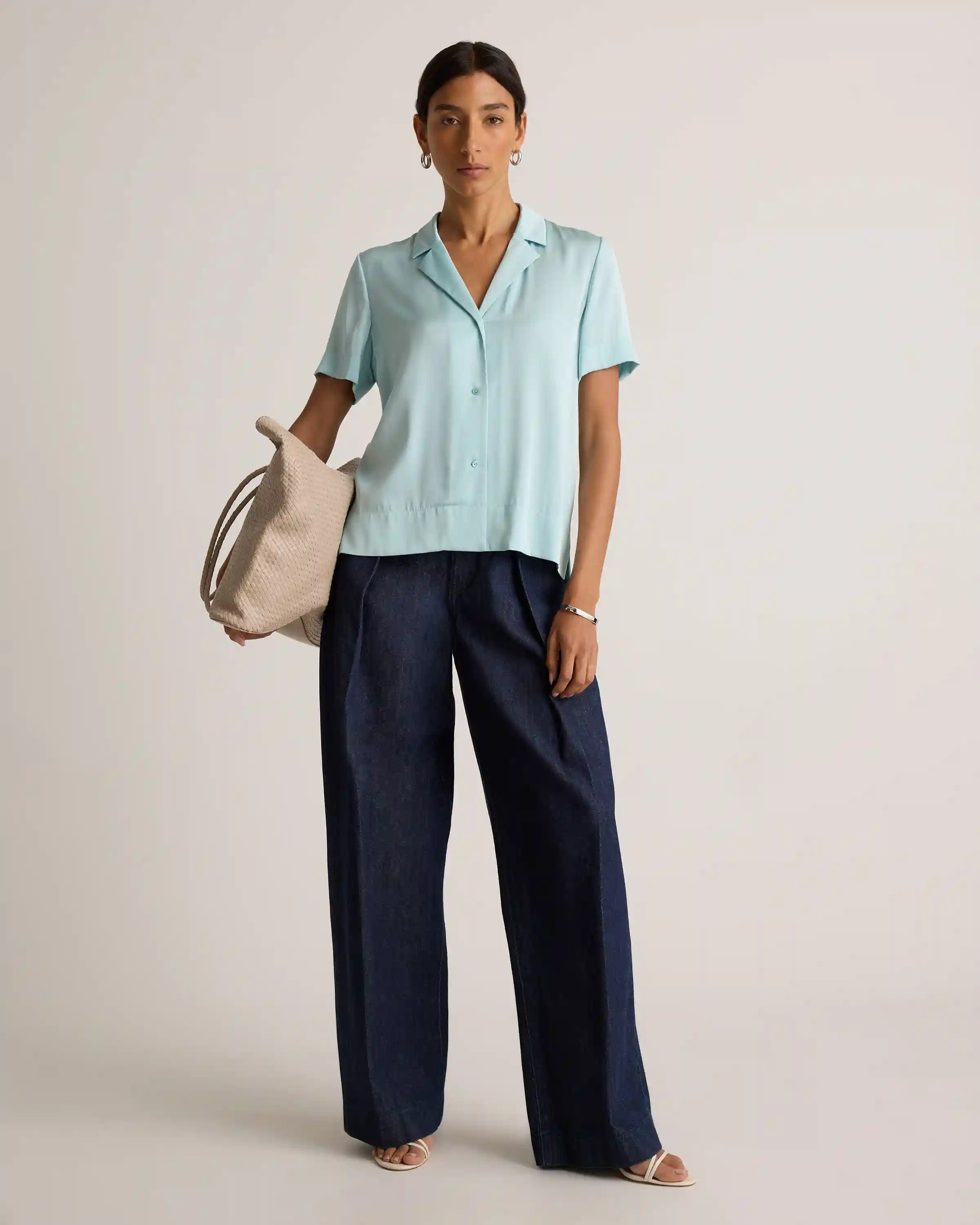 Washable Stretch Silk Short Sleeve Notch Collar Blouse