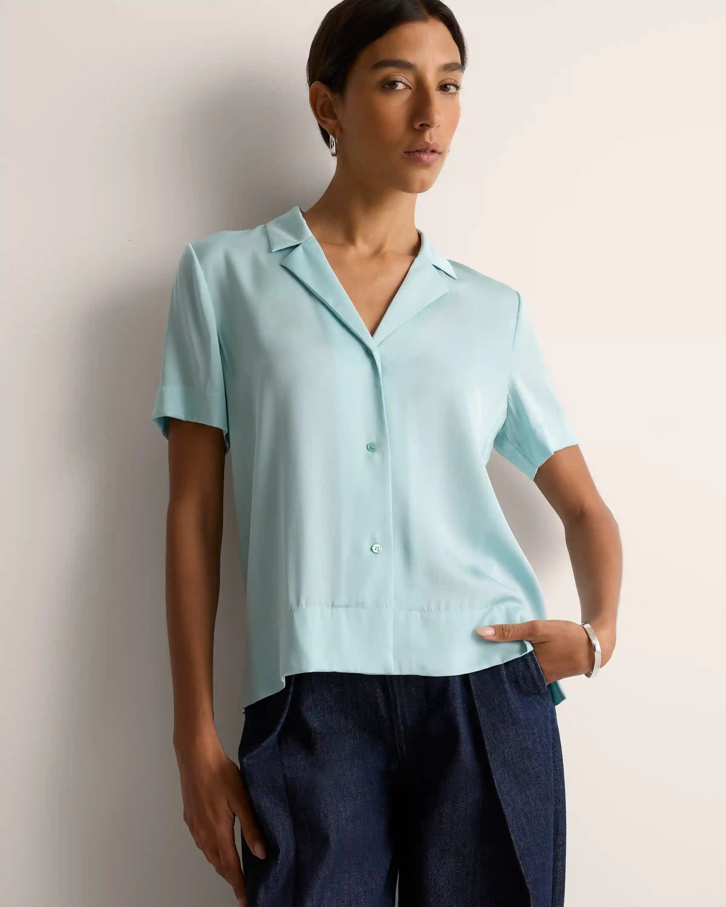 Washable Stretch Silk Short Sleeve Notch Collar Blouse