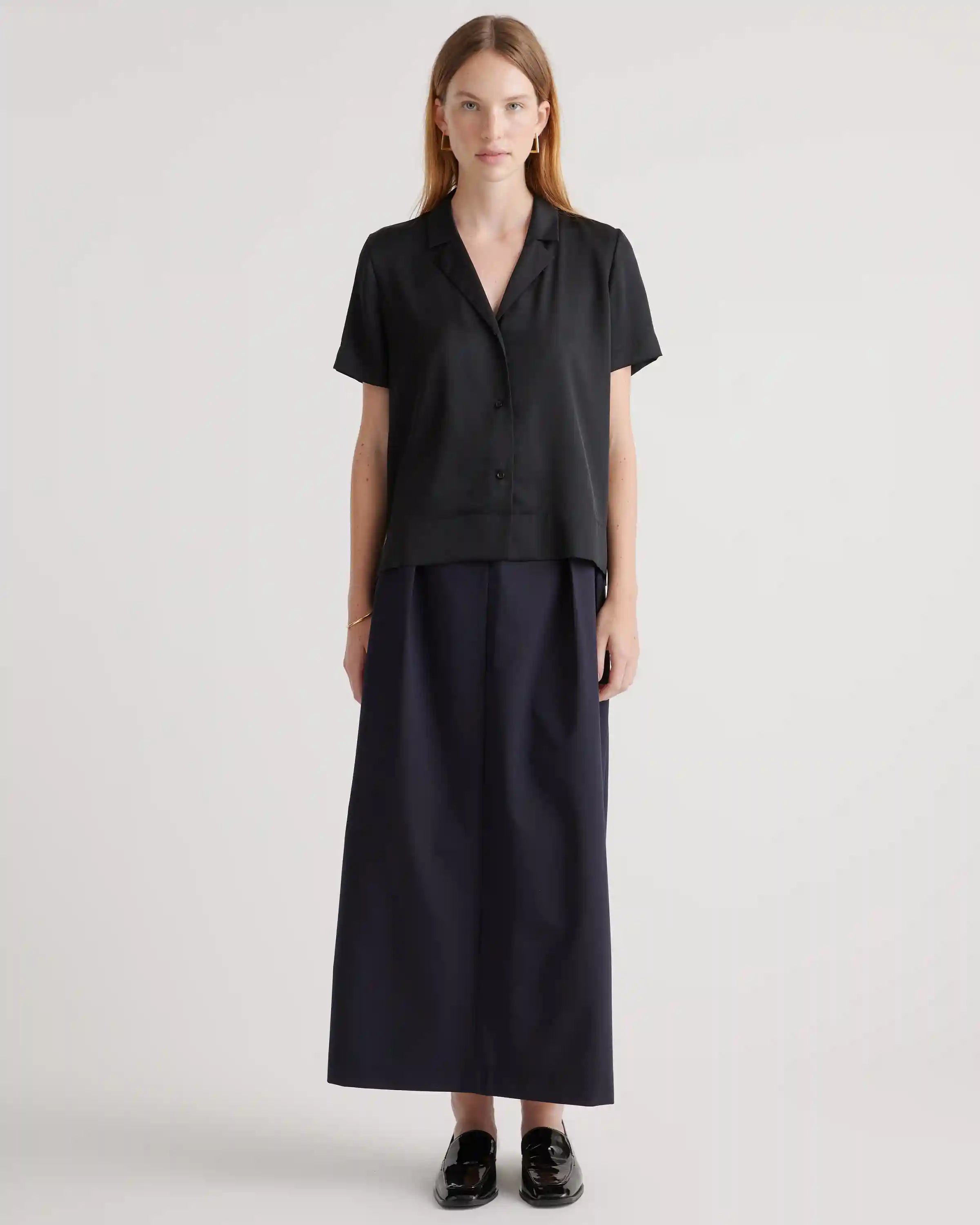 Washable Stretch Silk Short Sleeve Notch Collar Blouse