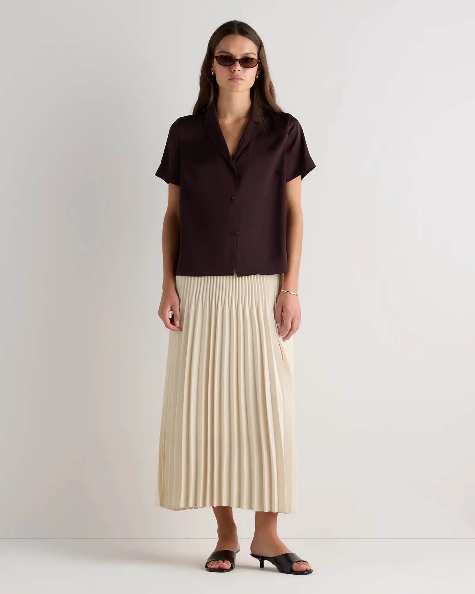 Washable Stretch Silk Short Sleeve Notch Collar Blouse