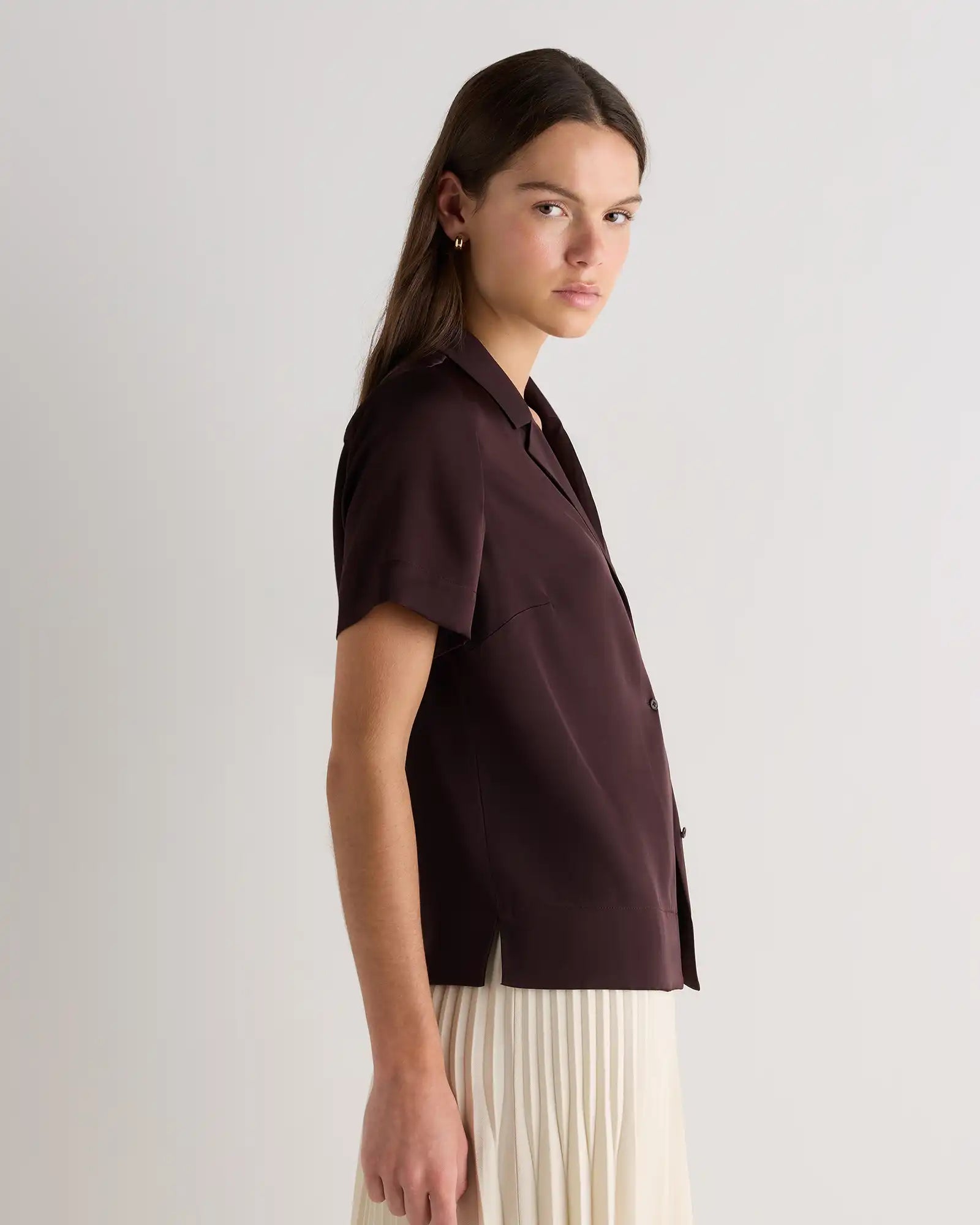 Washable Stretch Silk Short Sleeve Notch Collar Blouse