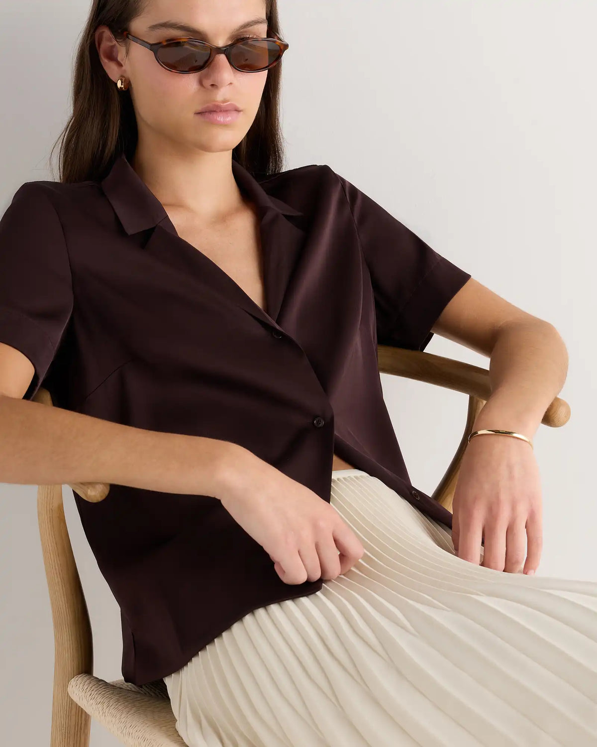 Washable Stretch Silk Short Sleeve Notch Collar Blouse
