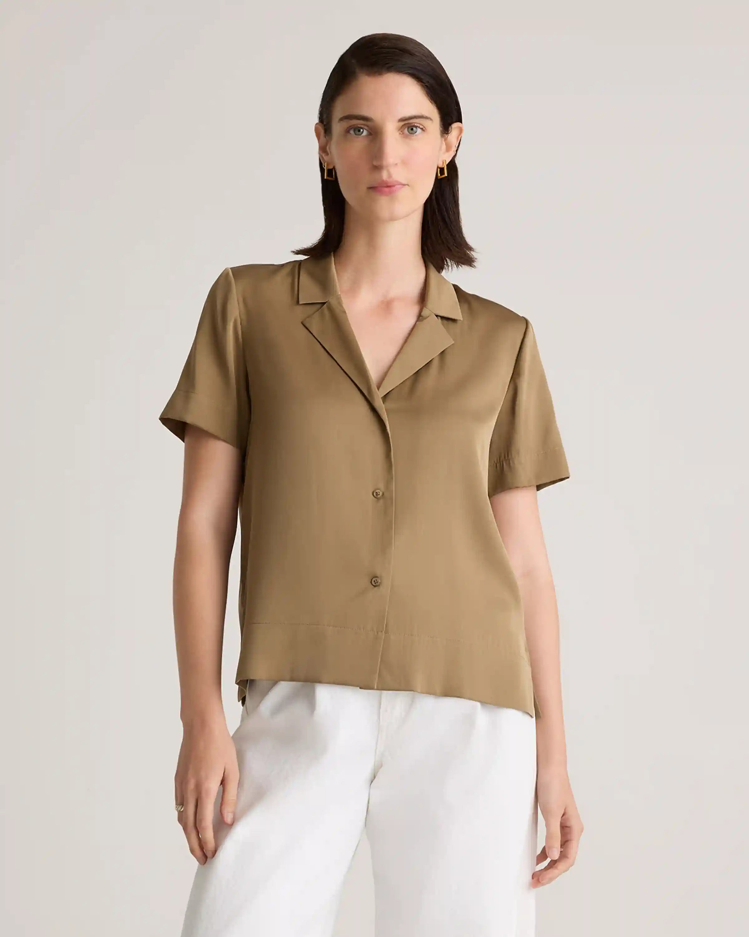 Washable Stretch Silk Short Sleeve Notch Collar Blouse