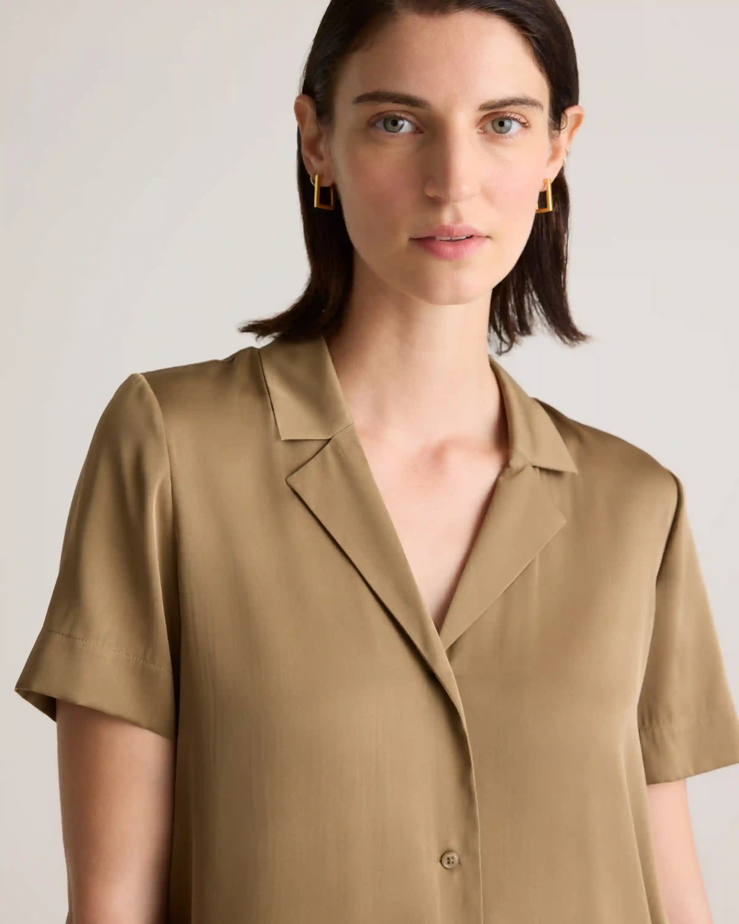 Washable Stretch Silk Short Sleeve Notch Collar Blouse