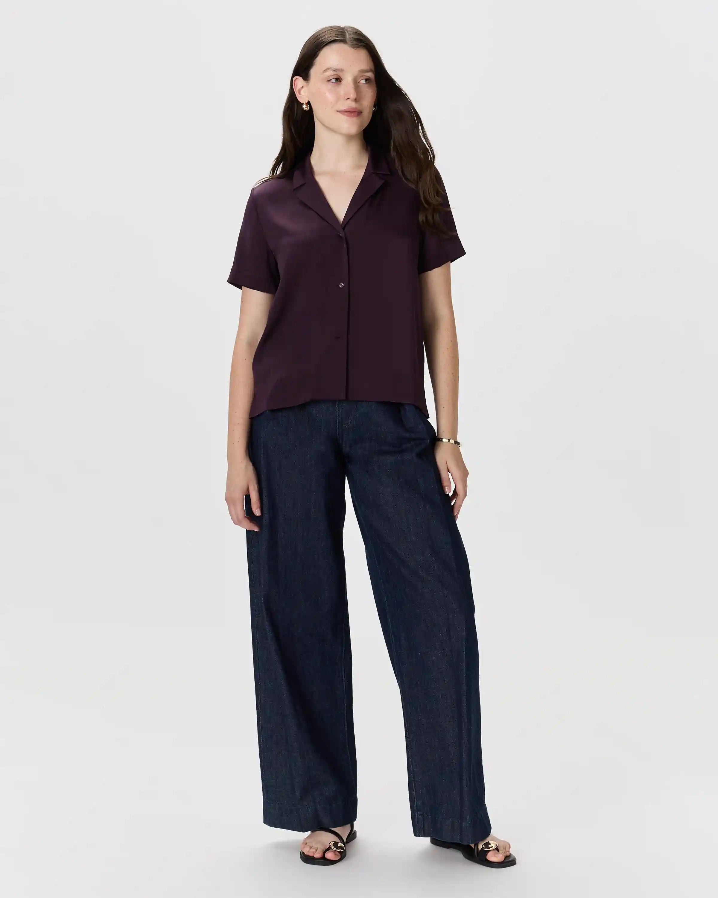 Washable Stretch Silk Short Sleeve Notch Collar Blouse