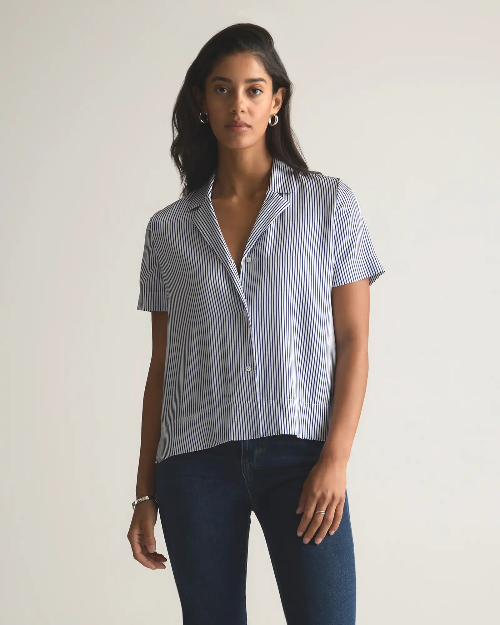 Washable Stretch Silk Short Sleeve Notch Collar Blouse