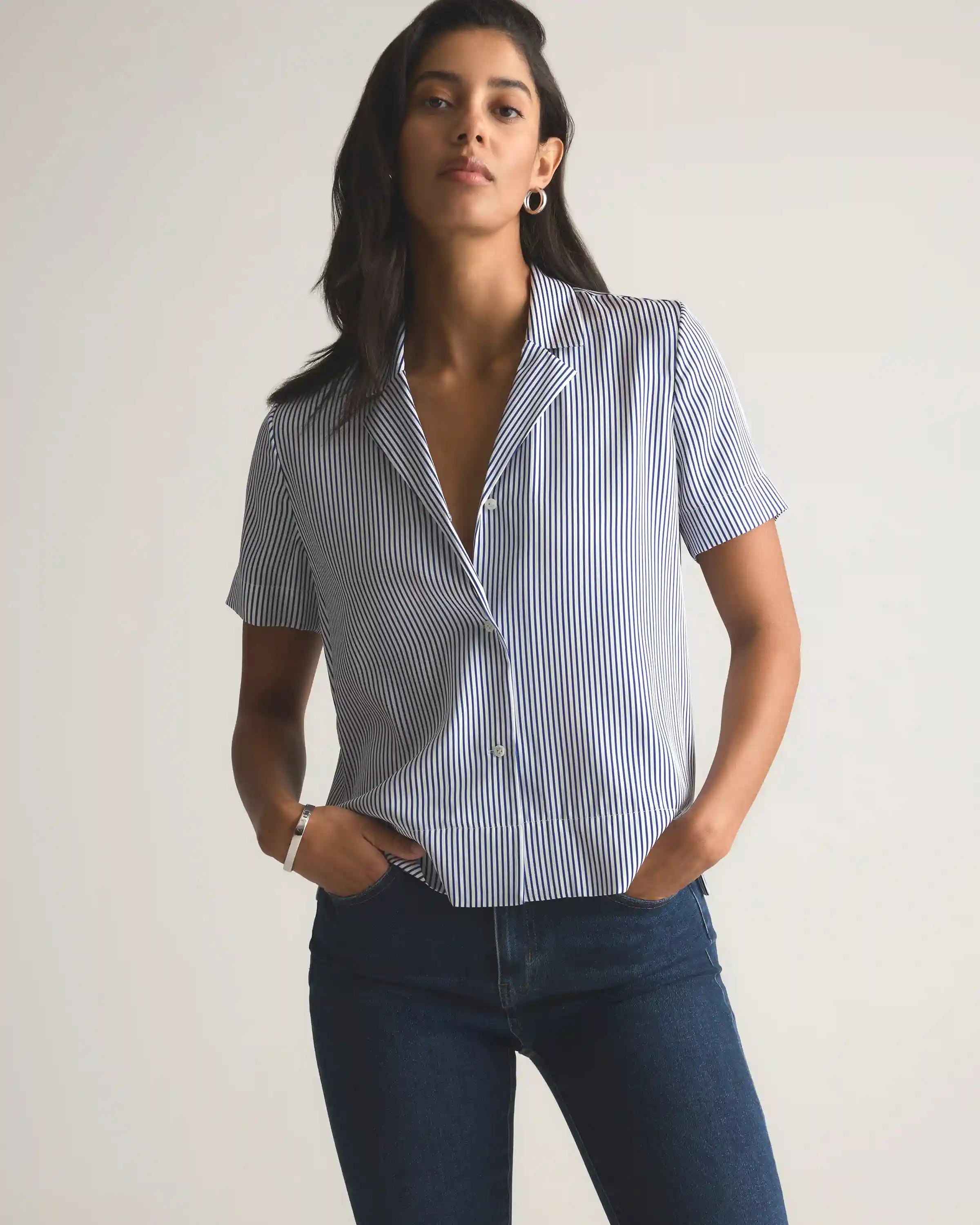 Washable Stretch Silk Short Sleeve Notch Collar Blouse