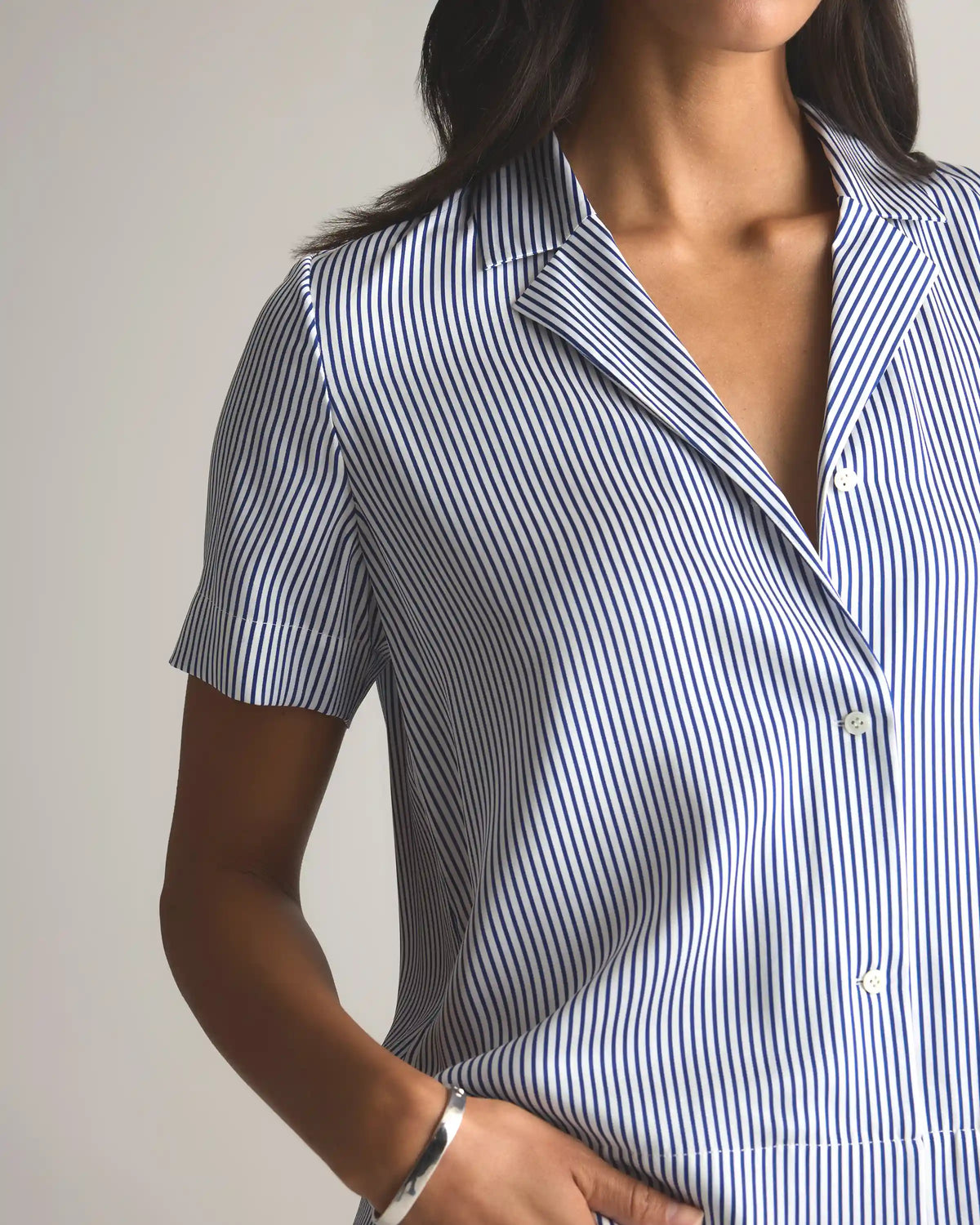 Washable Stretch Silk Short Sleeve Notch Collar Blouse