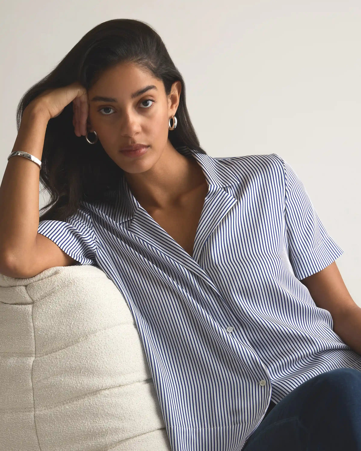 Washable Stretch Silk Short Sleeve Notch Collar Blouse