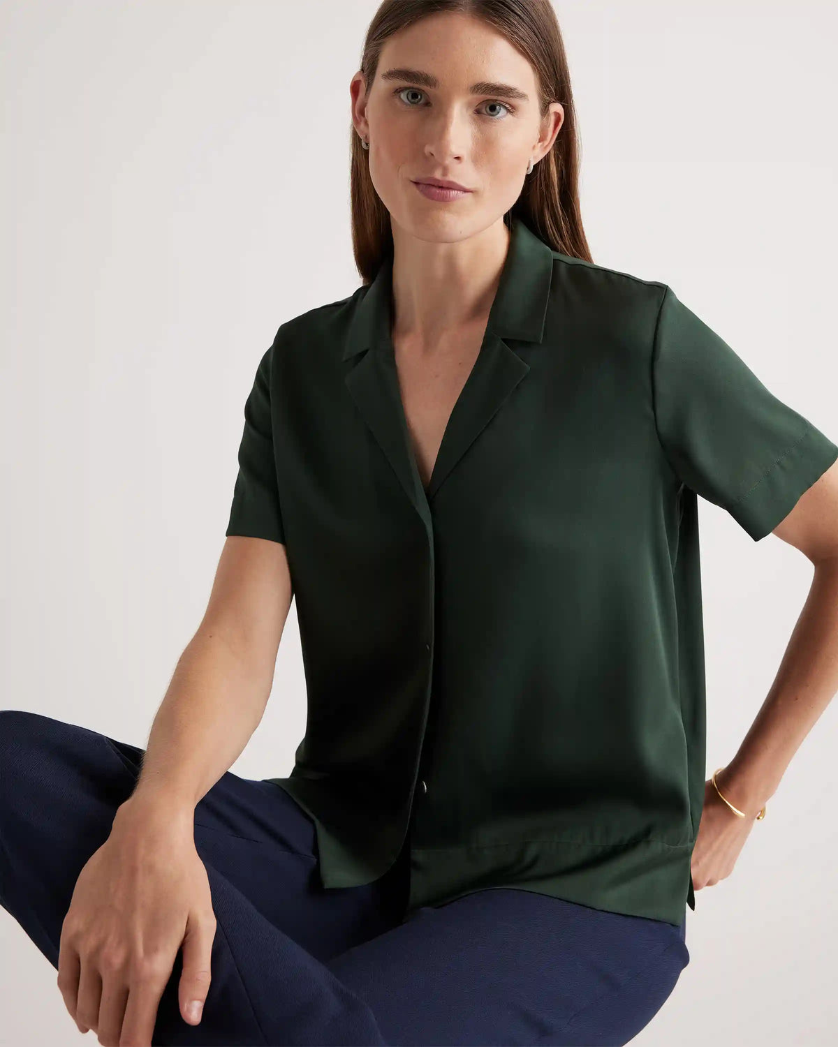 Washable Stretch Silk Short Sleeve Notch Collar Blouse