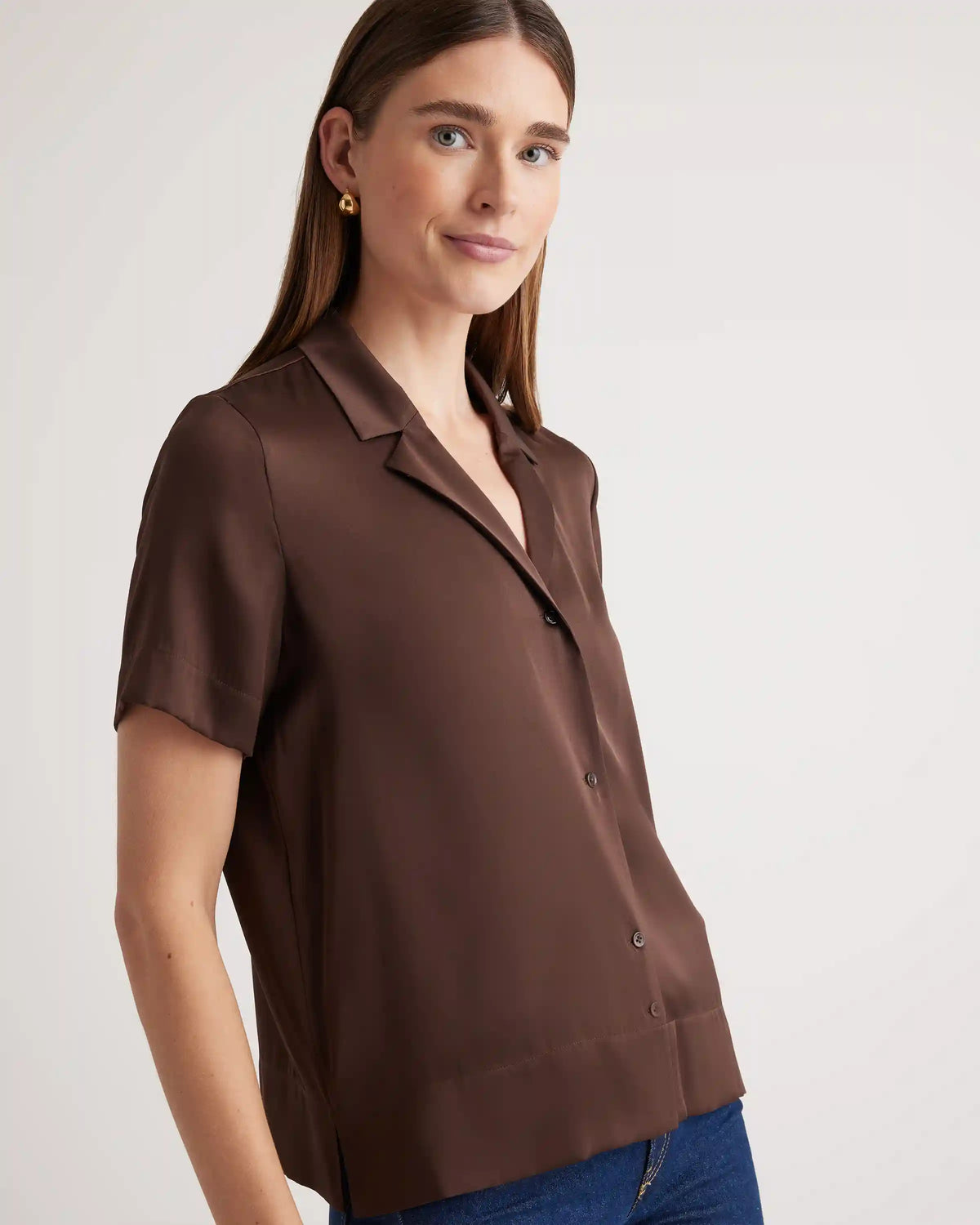 Washable Stretch Silk Short Sleeve Notch Collar Blouse